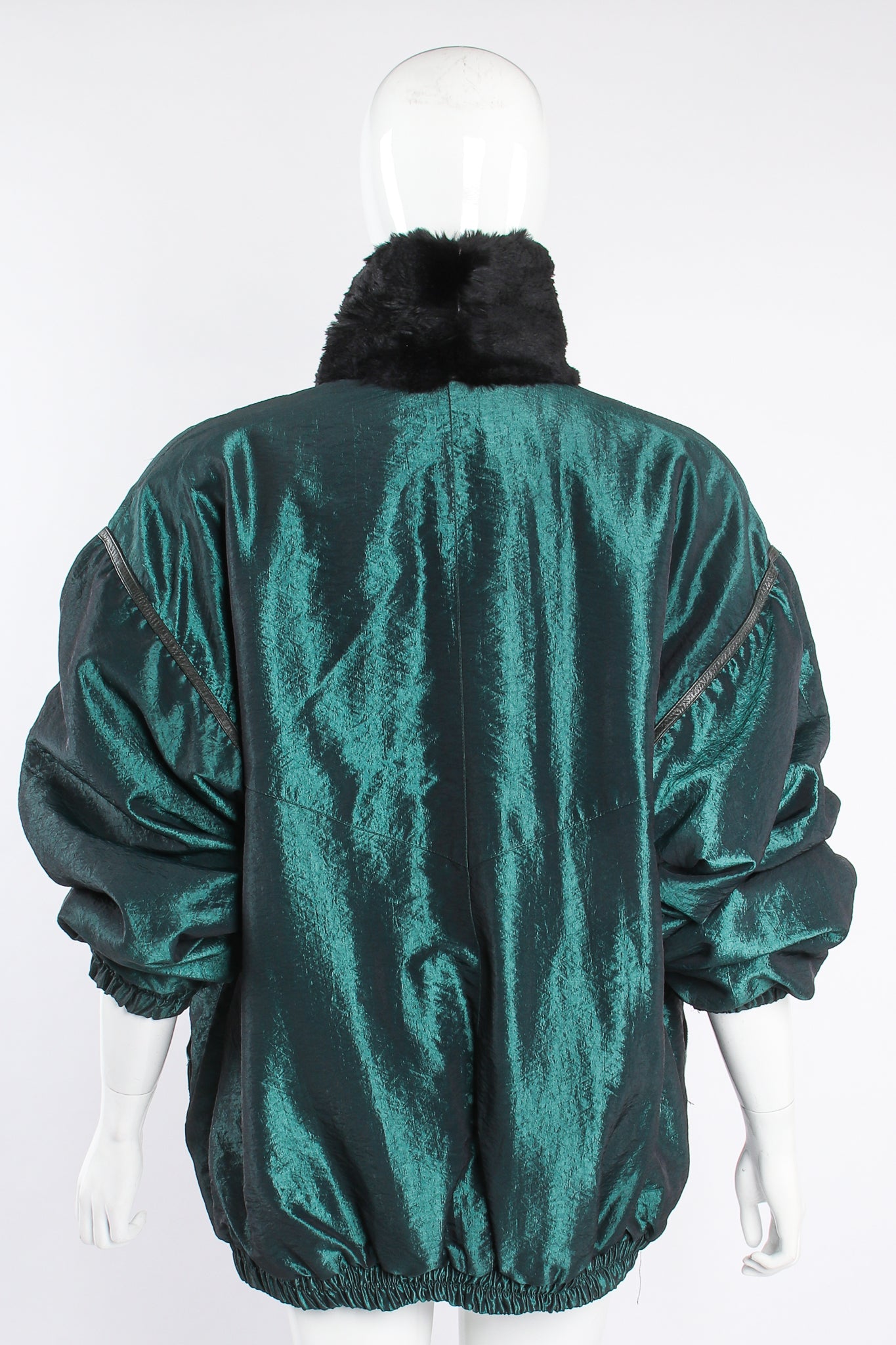 Vintage Geometric Fur Reversible Metallic nylon Bomber on Mannequin back at Recess Los Angeles