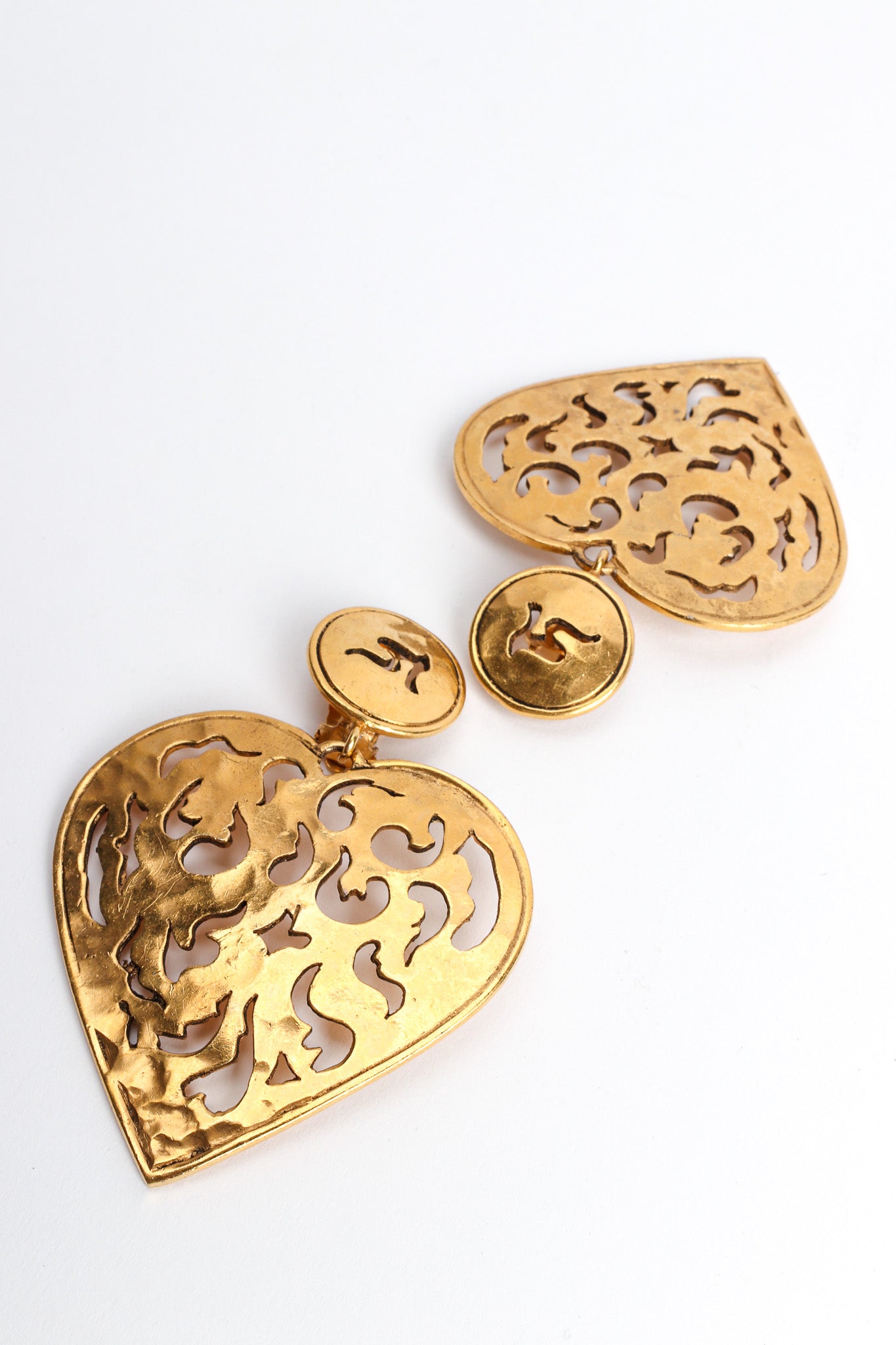 Vintage Flame Filigree Cutout Heart Earrings diagonal creative front @ Recess LA