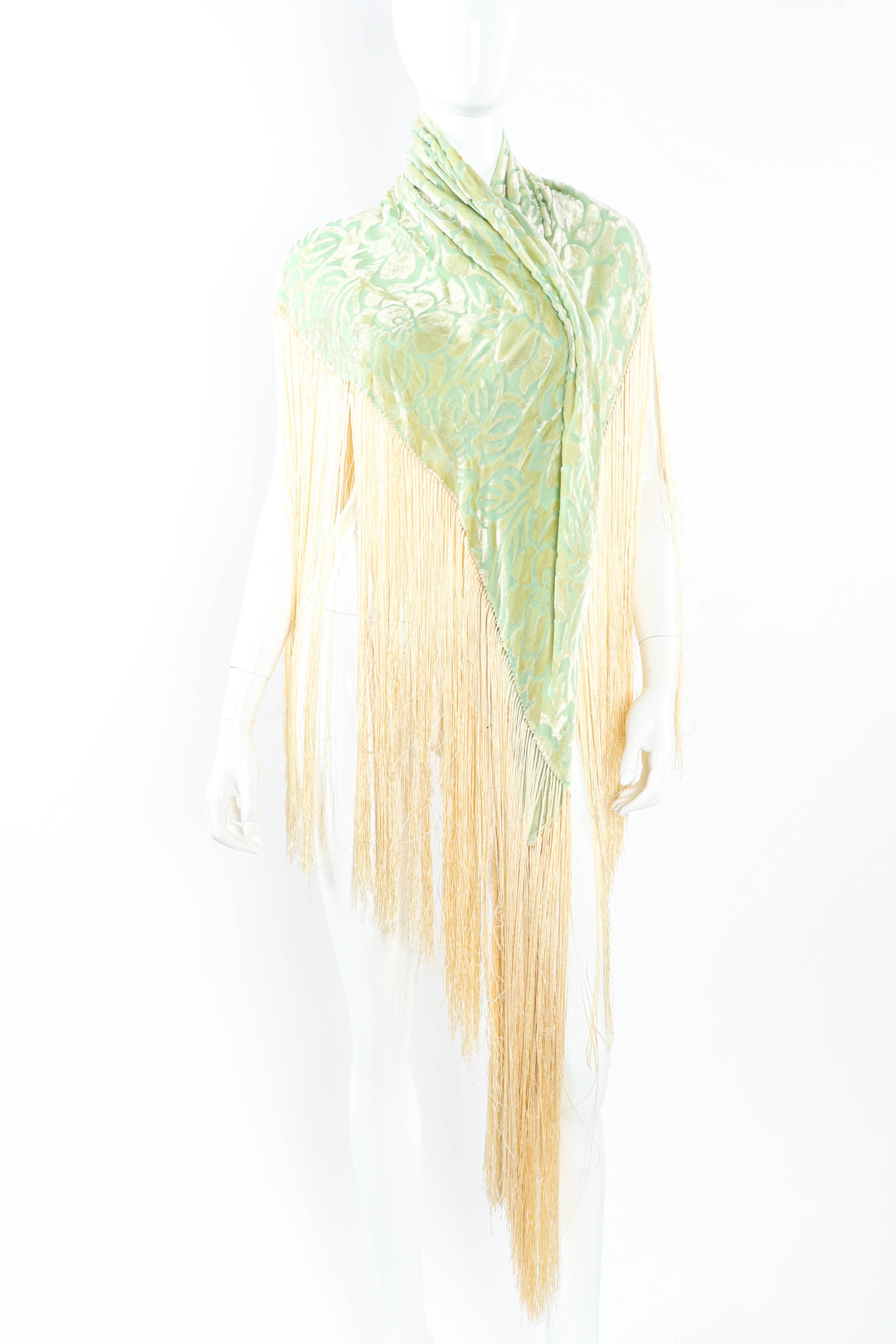 Vintage Leaf Floral Fringe Shawl mannequin front @ Recess LA