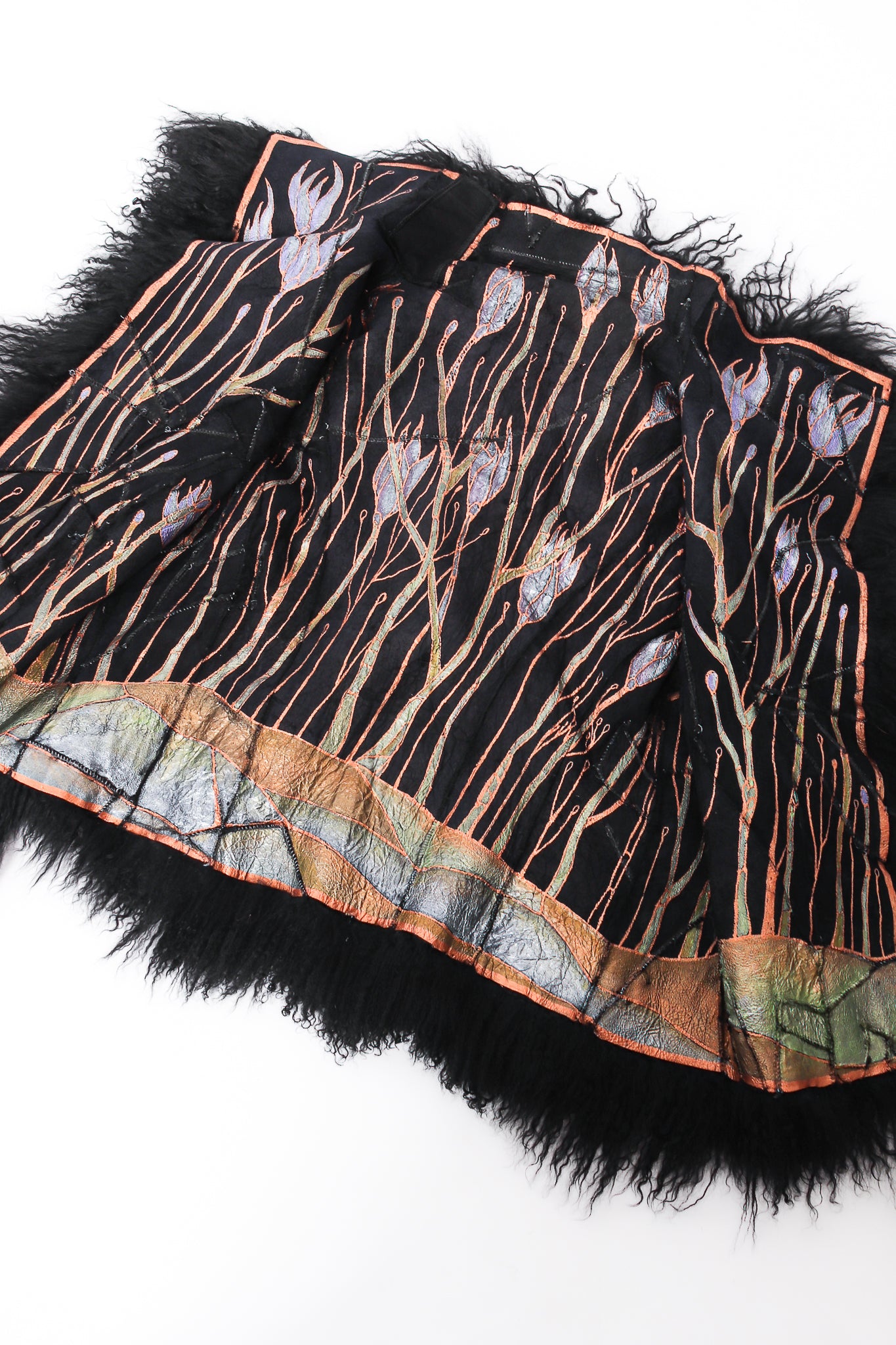 Vintage Art Nouveau Painted Mongolian Fur Vest flat at Recess Los Angeles