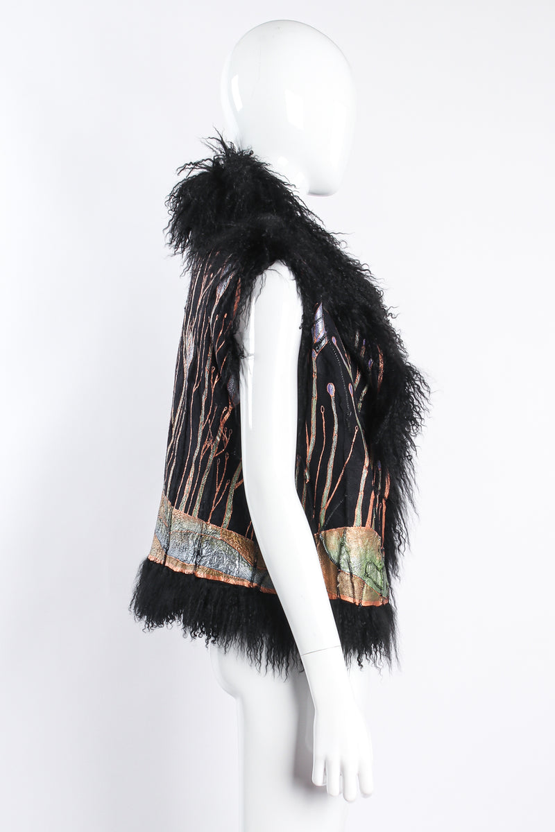 Vintage Art Nouveau Painted Mongolian Fur Vest on mannequin side at Recess Los Angeles