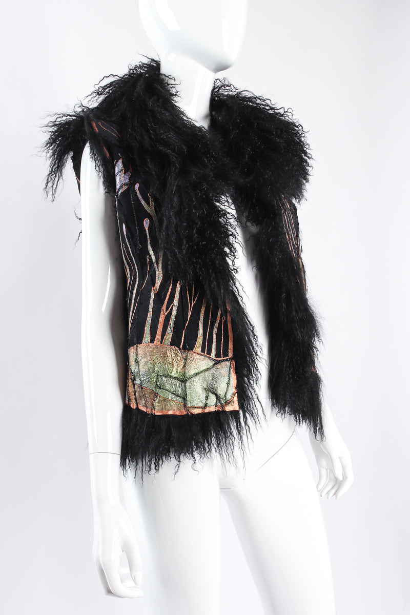 Vintage Art Nouveau Painted Mongolian Fur Vest on mannequin crop at Recess Los Angeles