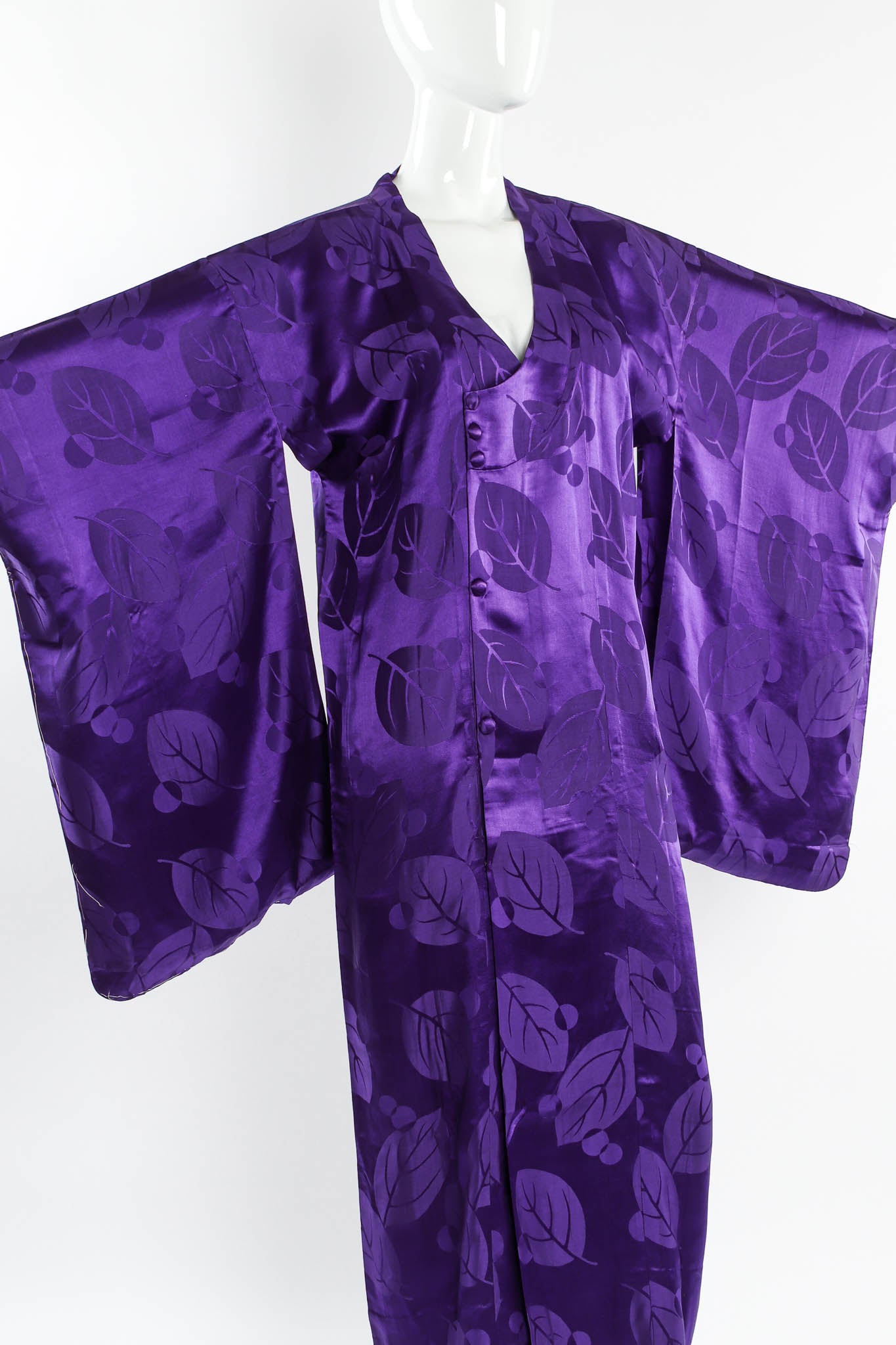 Vintage Majestic Purple Leaf Print Silk Kimono mannequin front angle close @ Recess Los Angeles