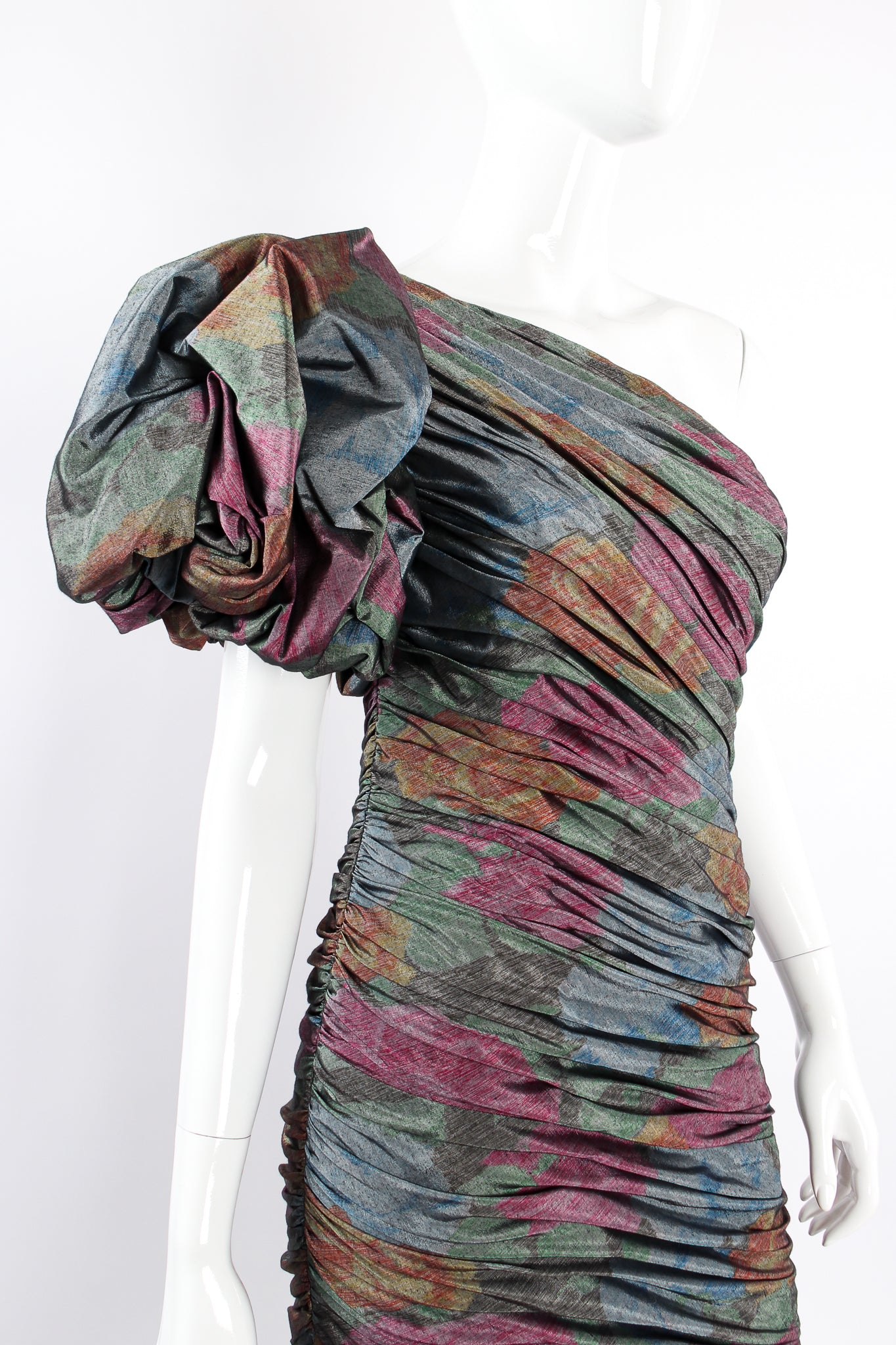 Vintage Ruched Silk One-Shoulder Bubble Gown on mannequin bust at Recess Los Angeles