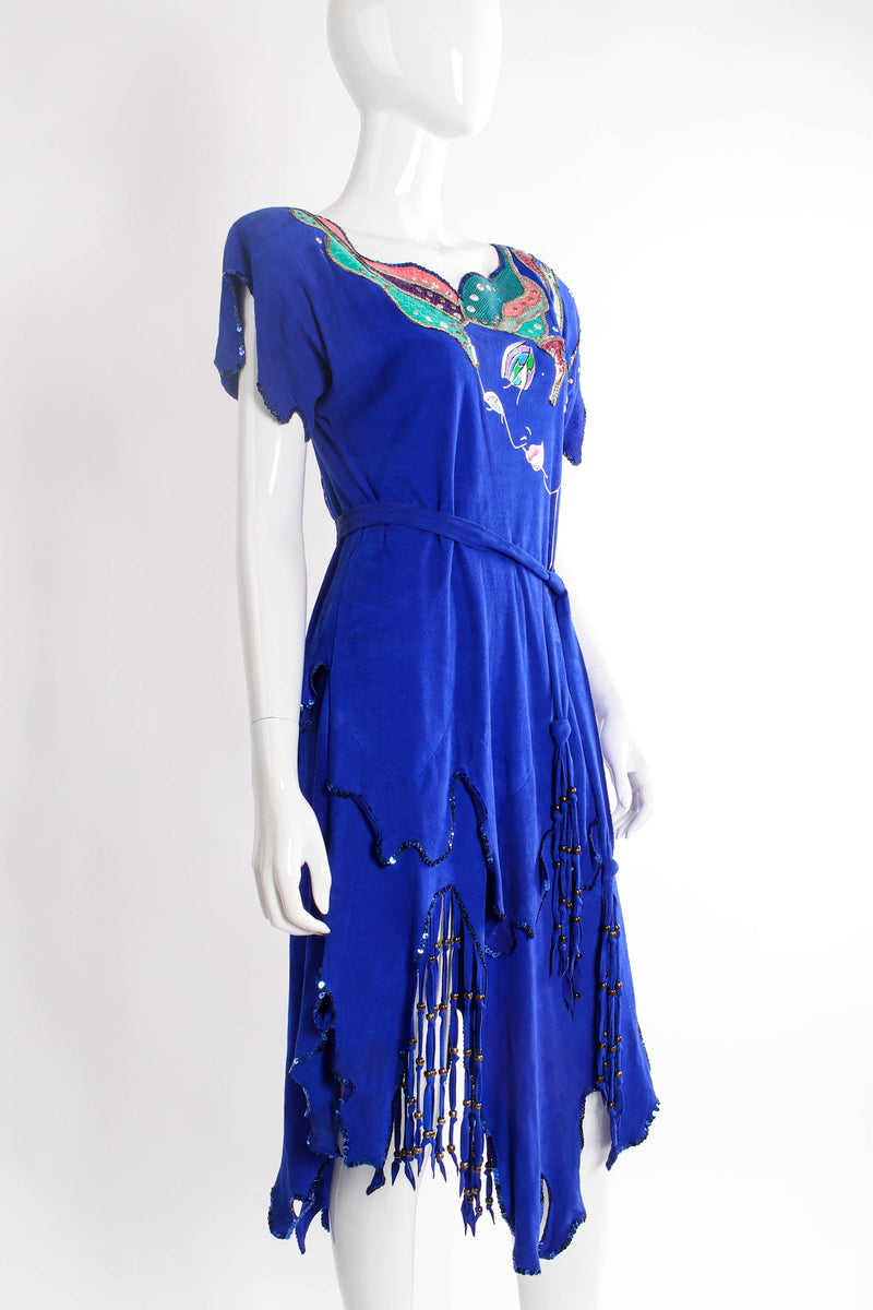 Vintage Signed "MJ" Goddess Print Suede Dress mannequin L angle @ Recess LA