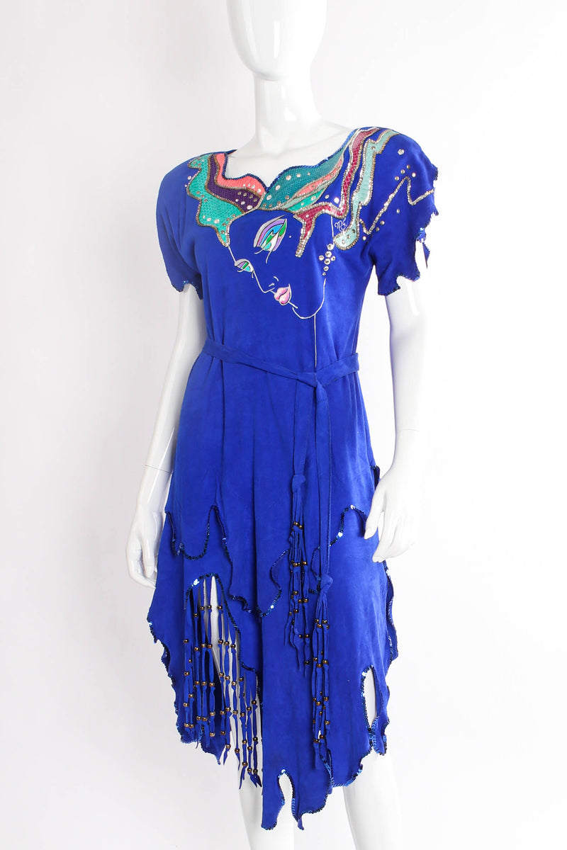 Vintage Signed "MJ" Goddess Print Suede Dress mannequin angle @ Recess LA