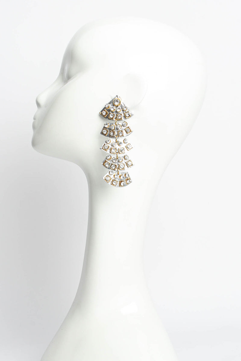 Vintage Metallic Silver Leather Geo Rhinestone Earrings on mannequin @ Recess LA