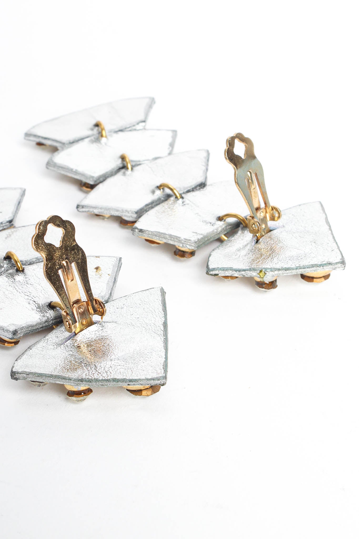 Vintage Metallic Silver Leather Geo Rhinestone Earrings open @ Recess LA