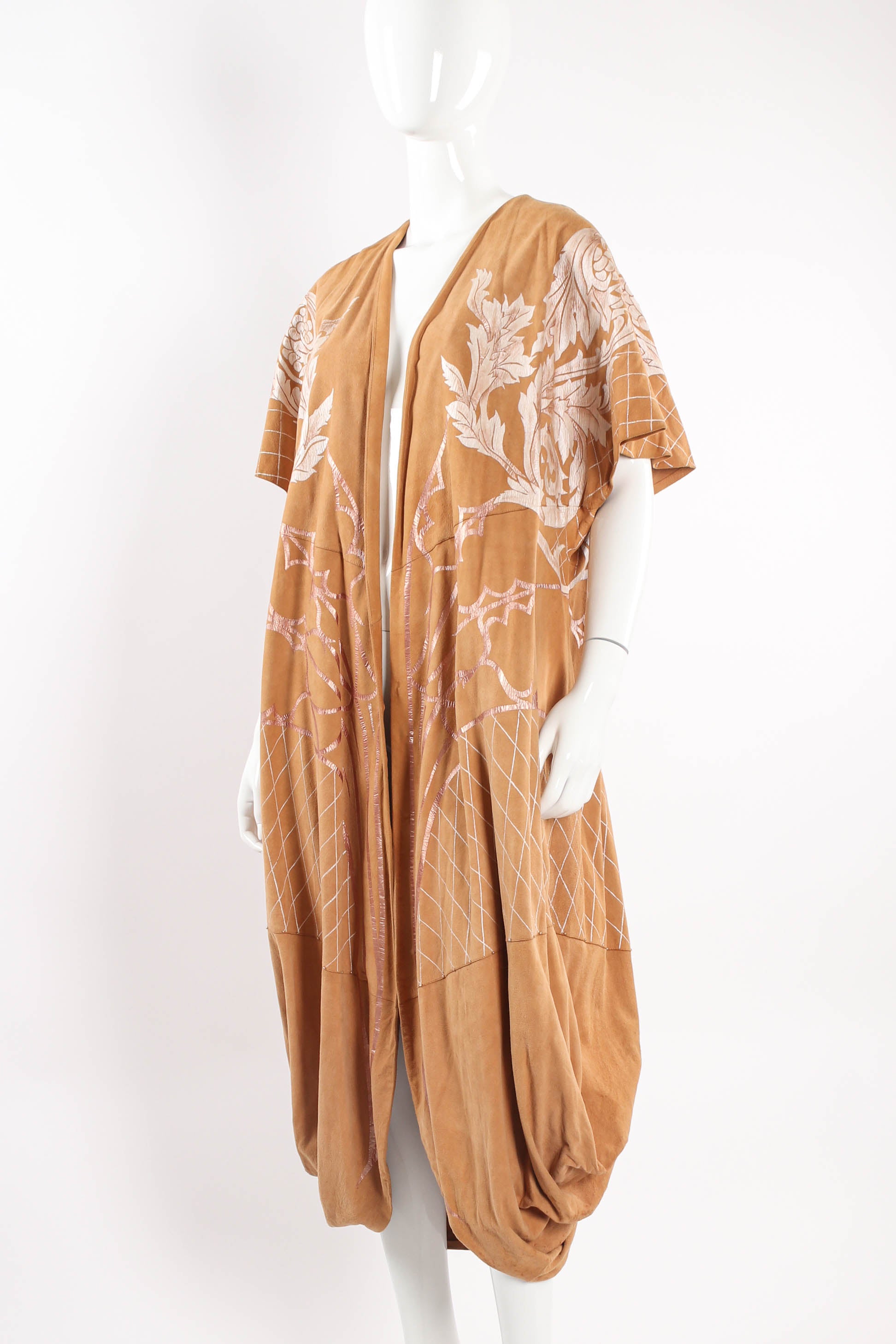 Vintage Leather Suede Leaf Foliage Print Duster mannequin angle  @ Recess LA