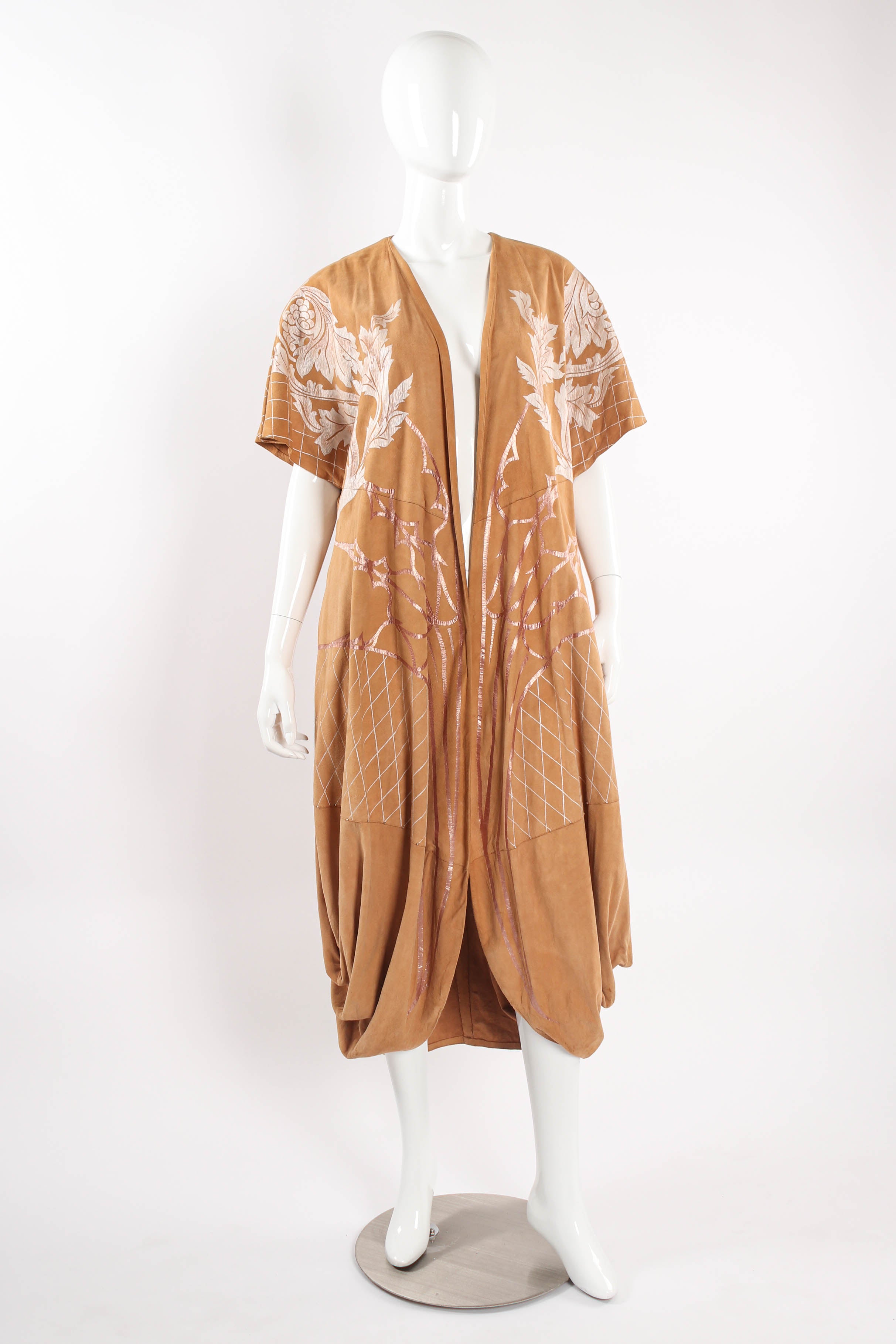 Vintage Leather Suede Leaf Foliage Print Duster mannequin front  @ Recess LA