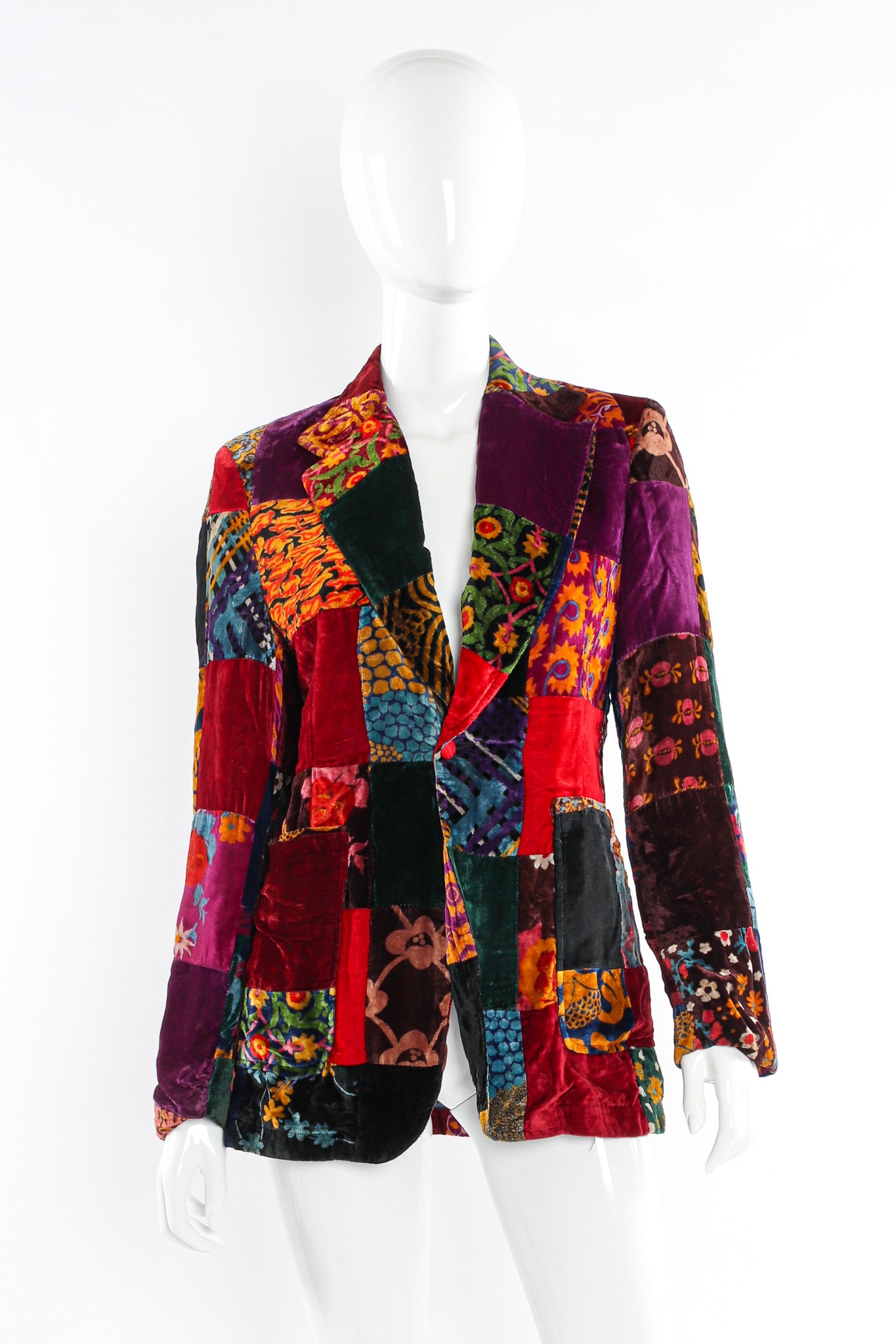 Vintage Abstract Floral Patchwork Velvet Blazer mannequin front @ Recess LA