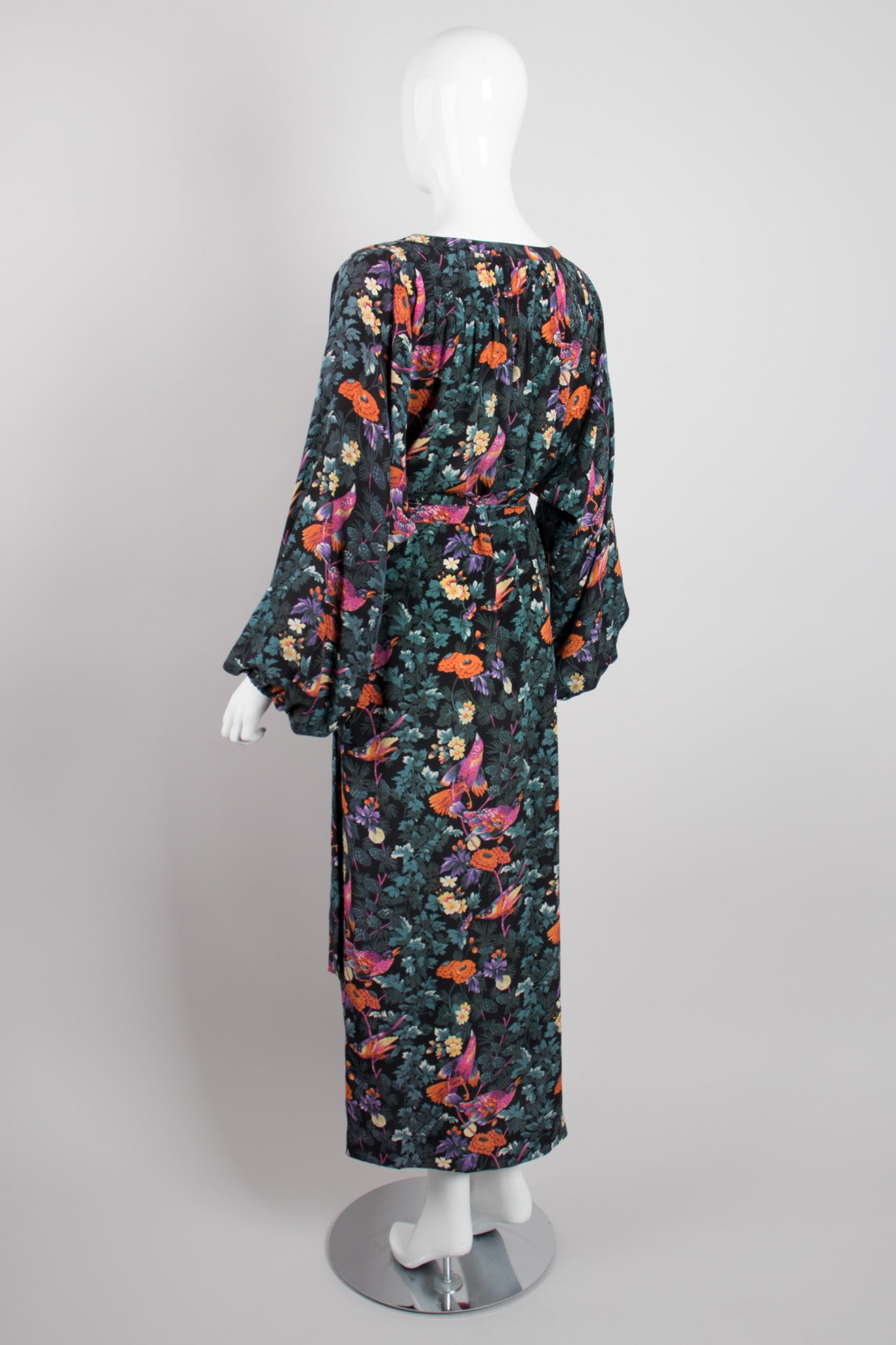 Hanae Mori Silk Sparrow Finch Floral Birds of Paradise Dress