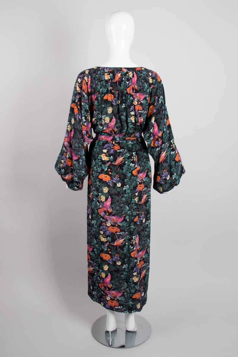 Hanae Mori Silk Sparrow Finch Floral Birds of Paradise Dress