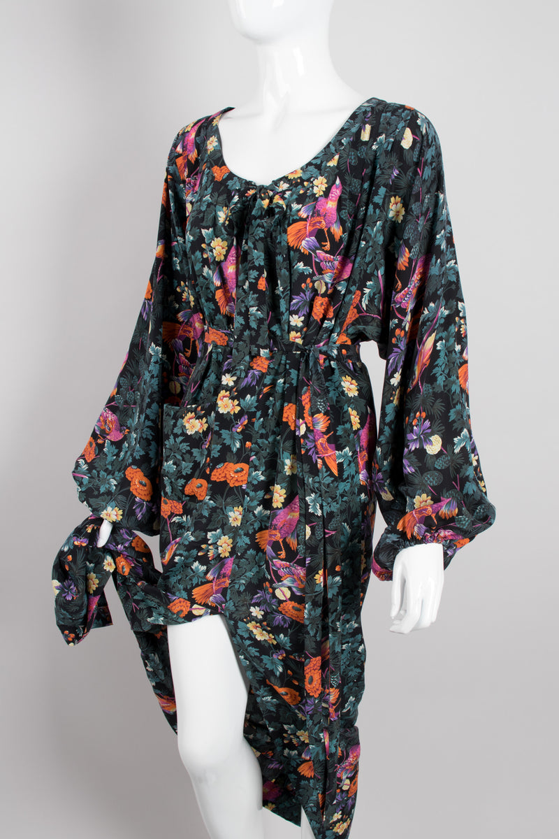 Hanae Mori Silk Sparrow Finch Floral Birds of Paradise Dress