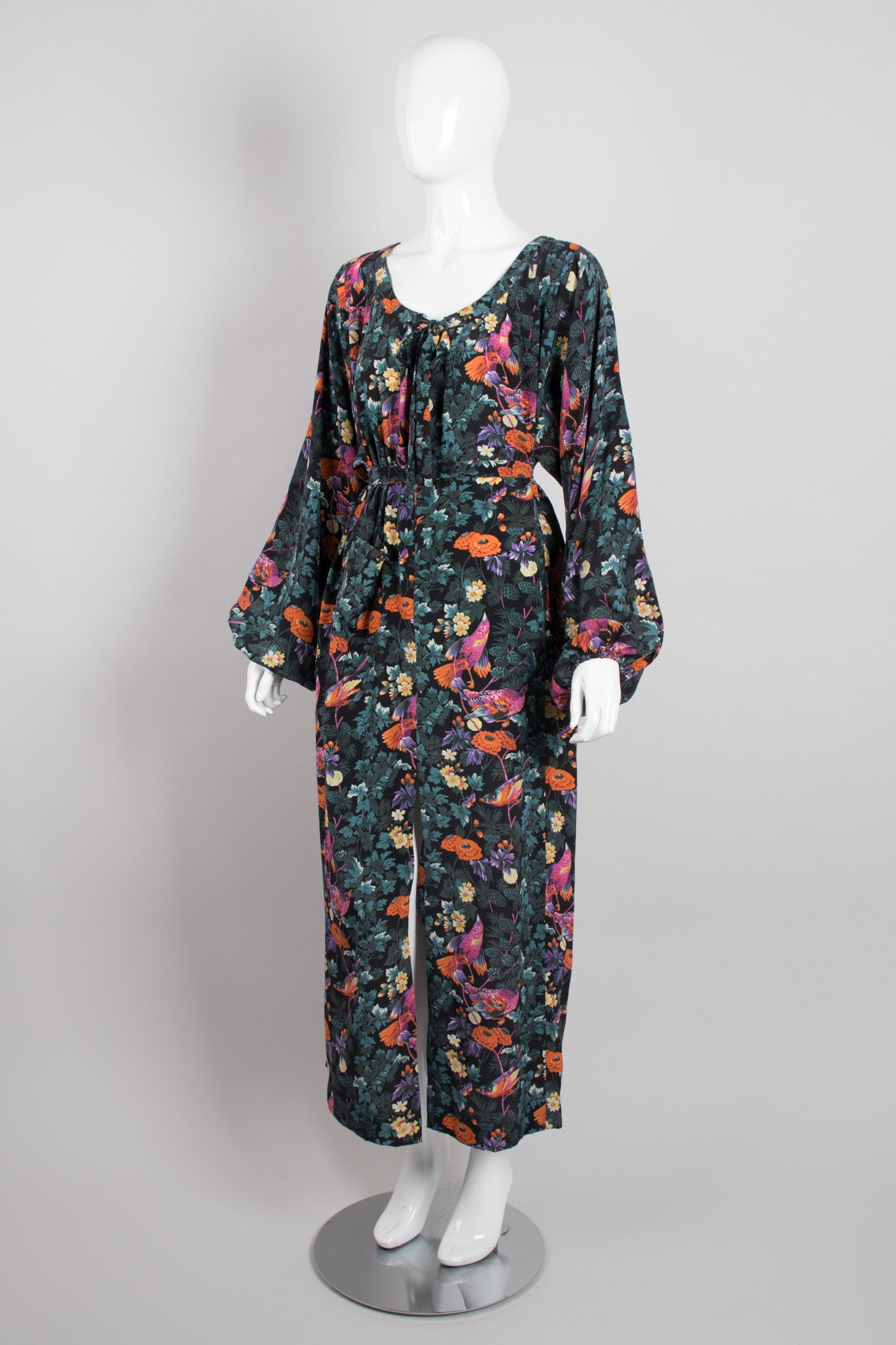 Hanae Mori Silk Sparrow Finch Floral Birds of Paradise Dress