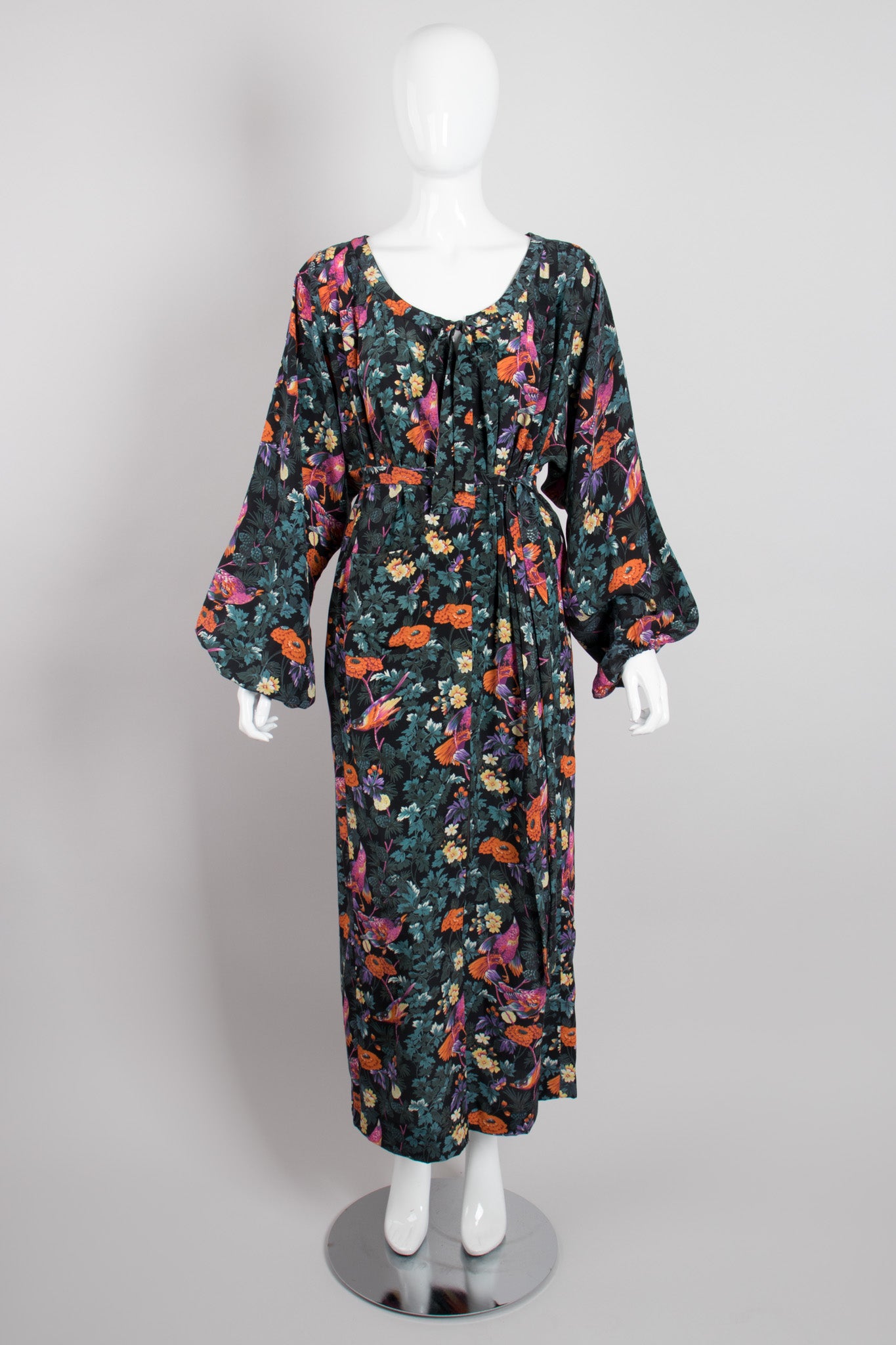 Hanae Mori Silk Sparrow Finch Floral Birds of Paradise Dress