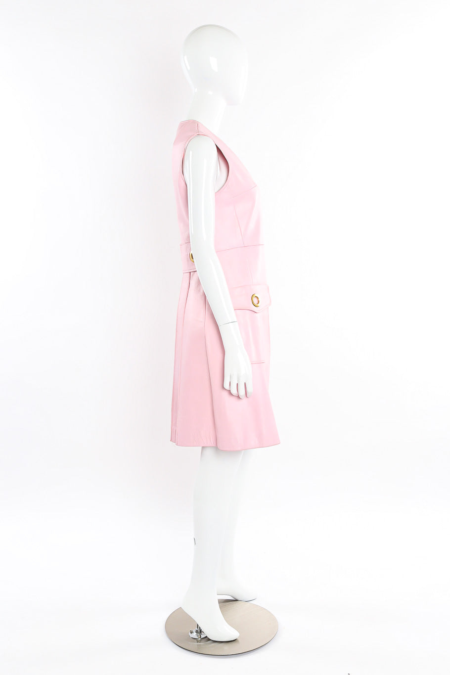 Vintage baby pink leather button front pinafore dress side mannequin view @recessla