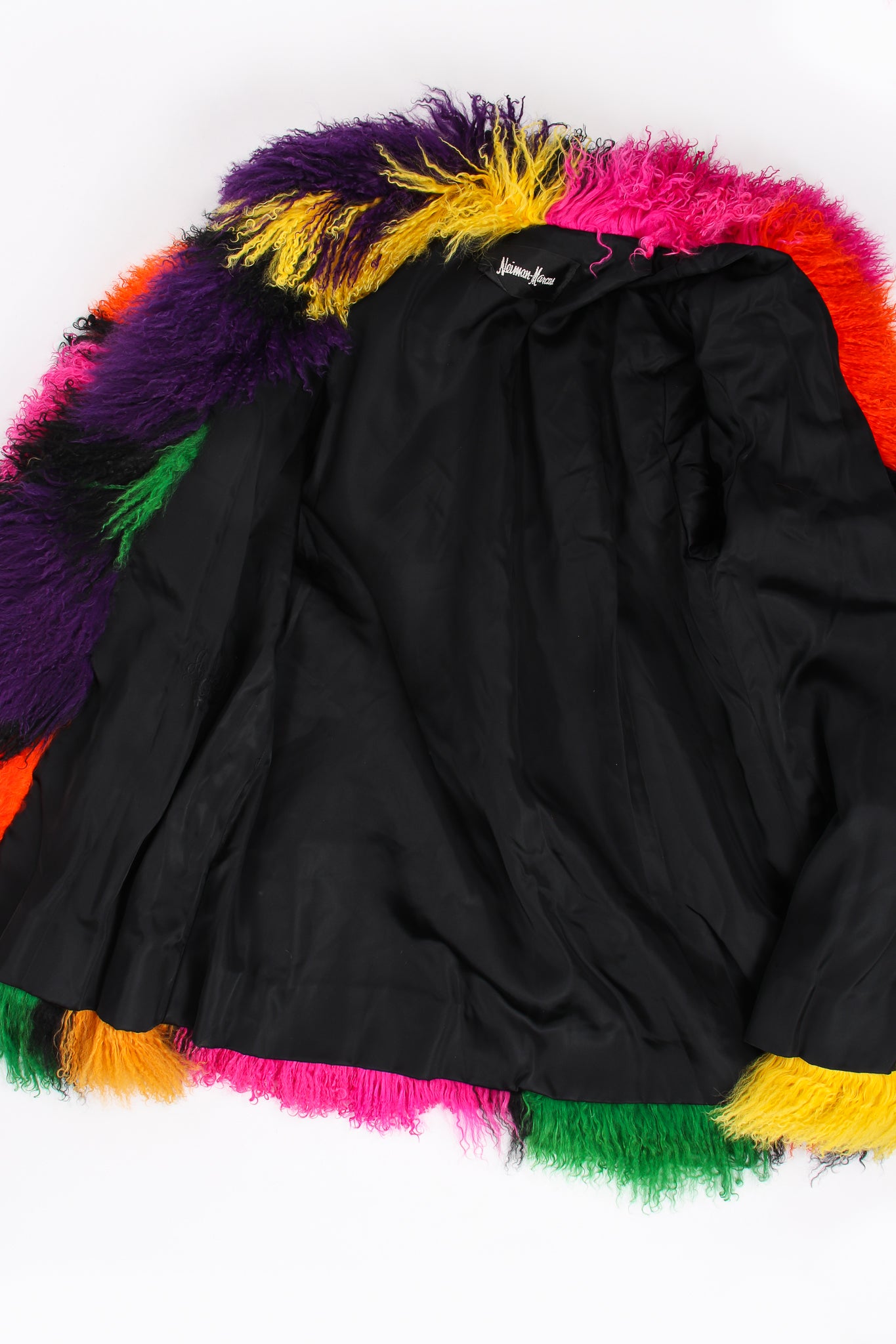 Vintage Neiman Marcus Rainbow Mosaic Mongolian Fur Coat lining at Recess Los Angeles