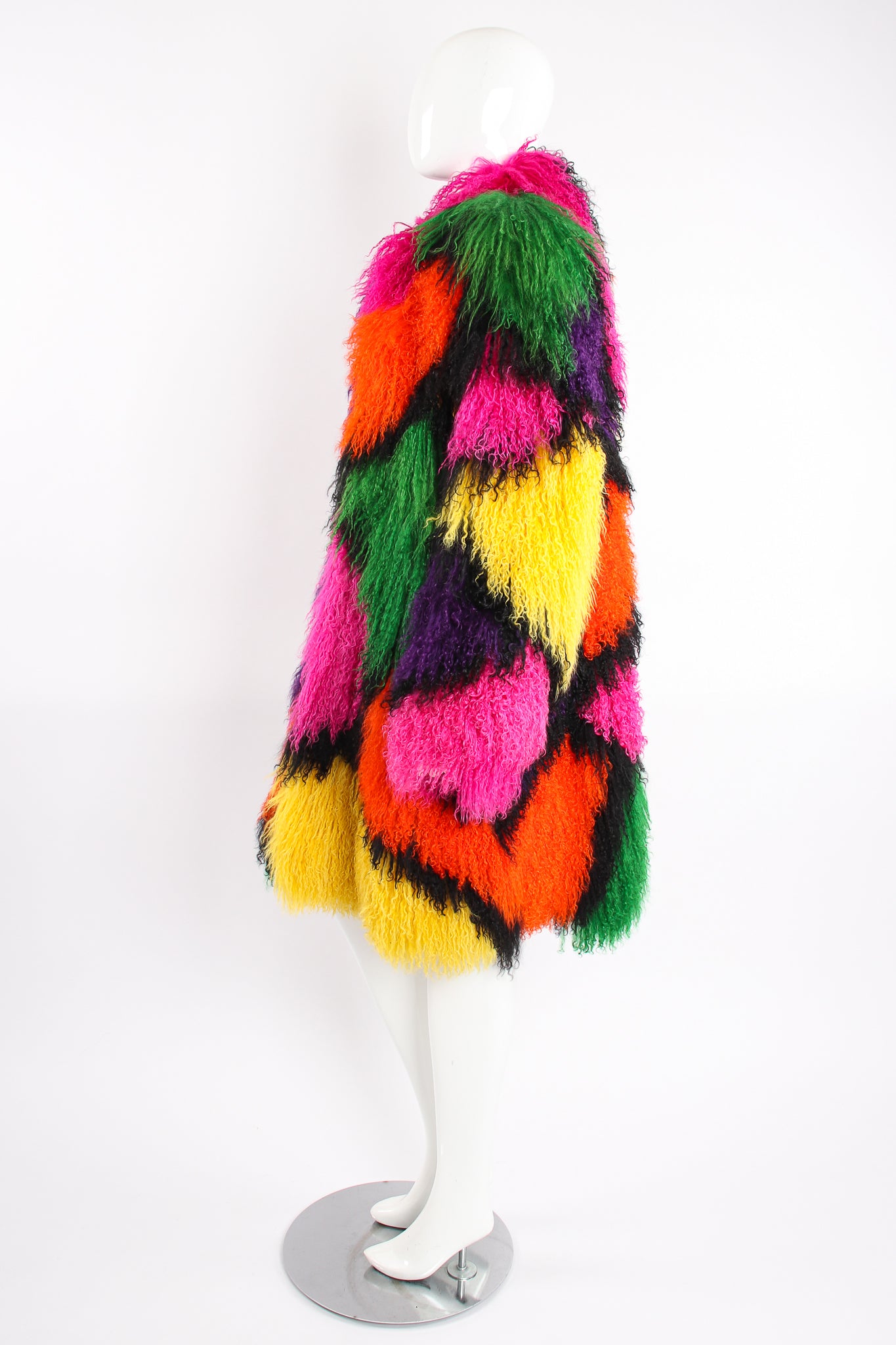 Vintage Neiman Marcus Rainbow Mosaic Mongolian Fur Coat on mannequin Side at Recess Los Angeles