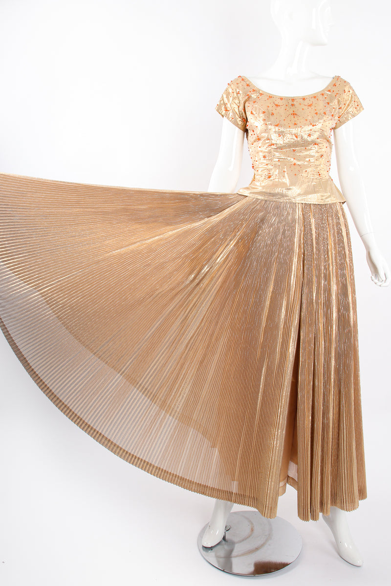 Vintage Neiman Marcus Gold Lamé Top & Pleated Palazzo Pant Set on Mannequin front splay @ Recess LA