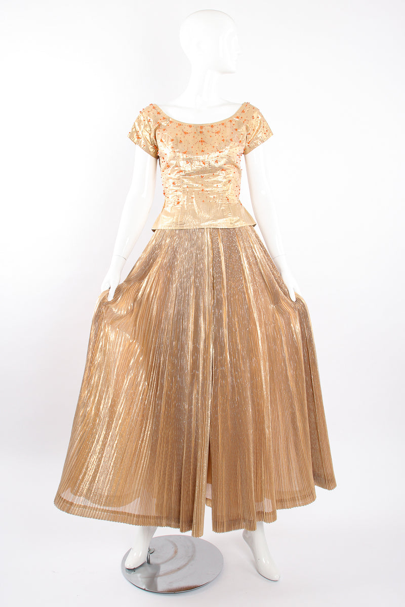 Vintage Neiman Marcus Gold Lamé Top & Pleated Palazzo Pant Set on Mannequin front @ Recess LA