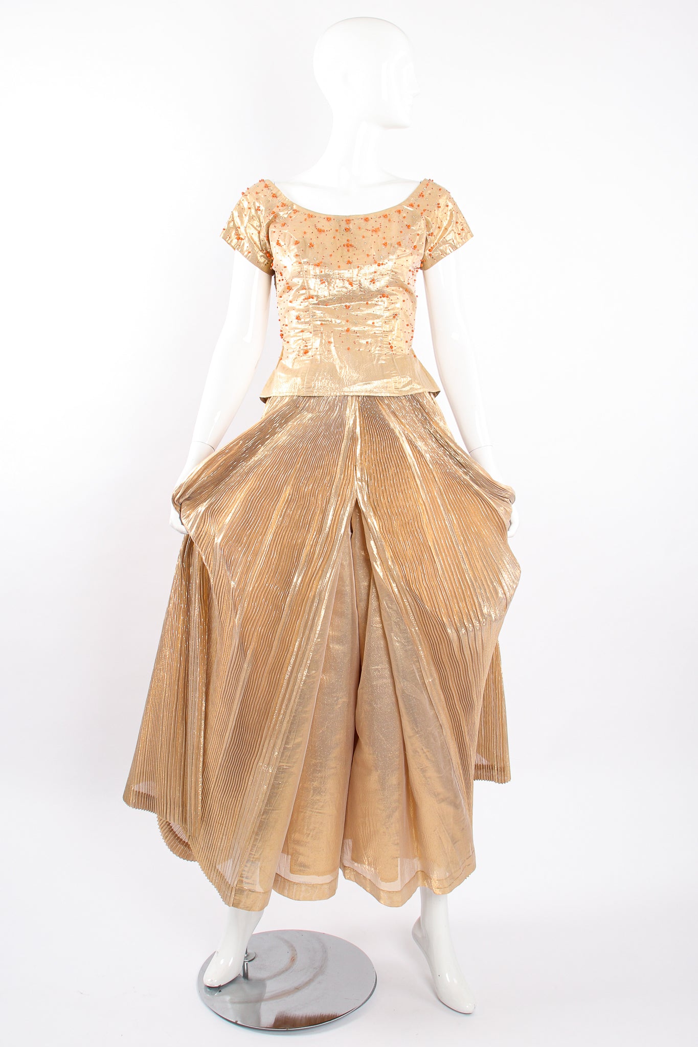 Vintage Neiman Marcus Gold Lamé Top & Pleated Palazzo Pant Set on Mannequin front @ Recess LA