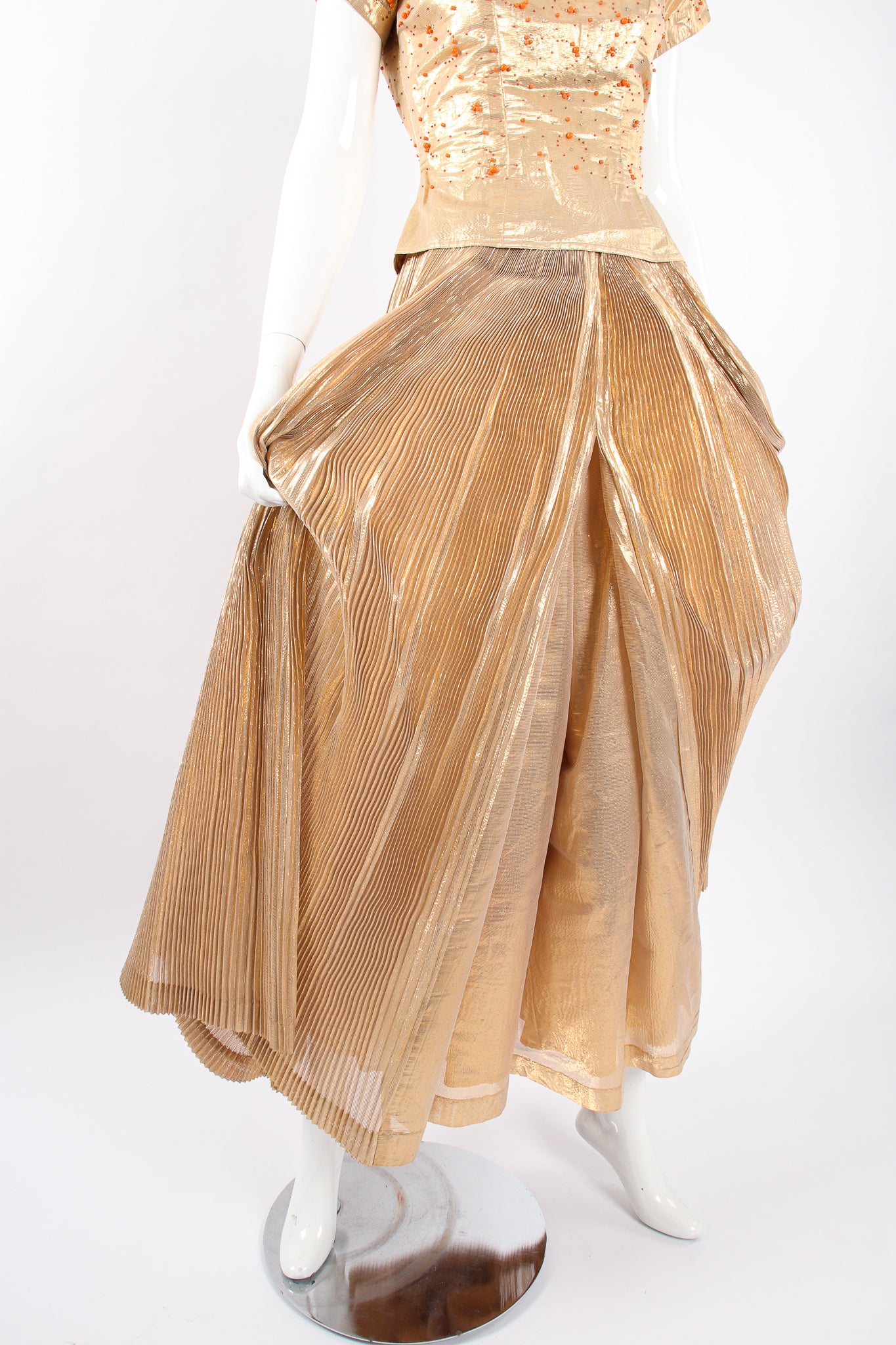 Vintage Neiman Marcus Gold Lamé Top & Pleated Palazzo Pant Set on Mannequin curtsy @ Recess LA