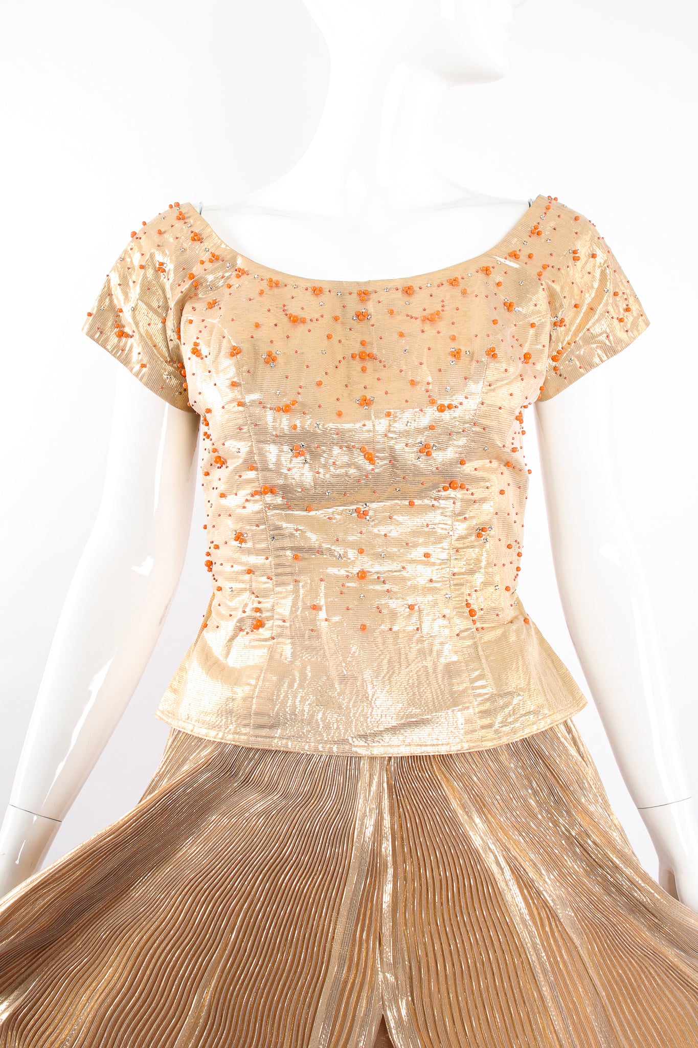 Vintage Neiman Marcus Gold Lamé Top & Pleated Palazzo Pant Set on Mannequin crop @ Recess LA