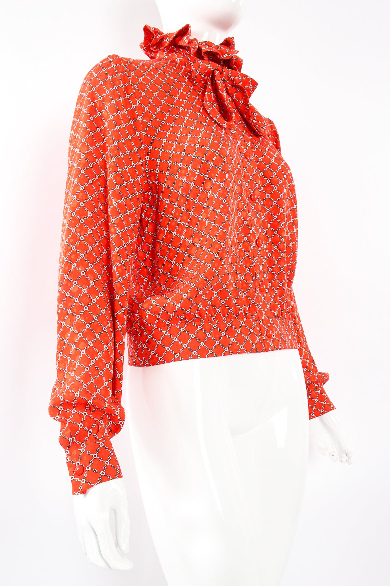 Vintage Nina Ricci Ruffle Collar Silk Blouse on Mannequin angle at Recess Los Angeles