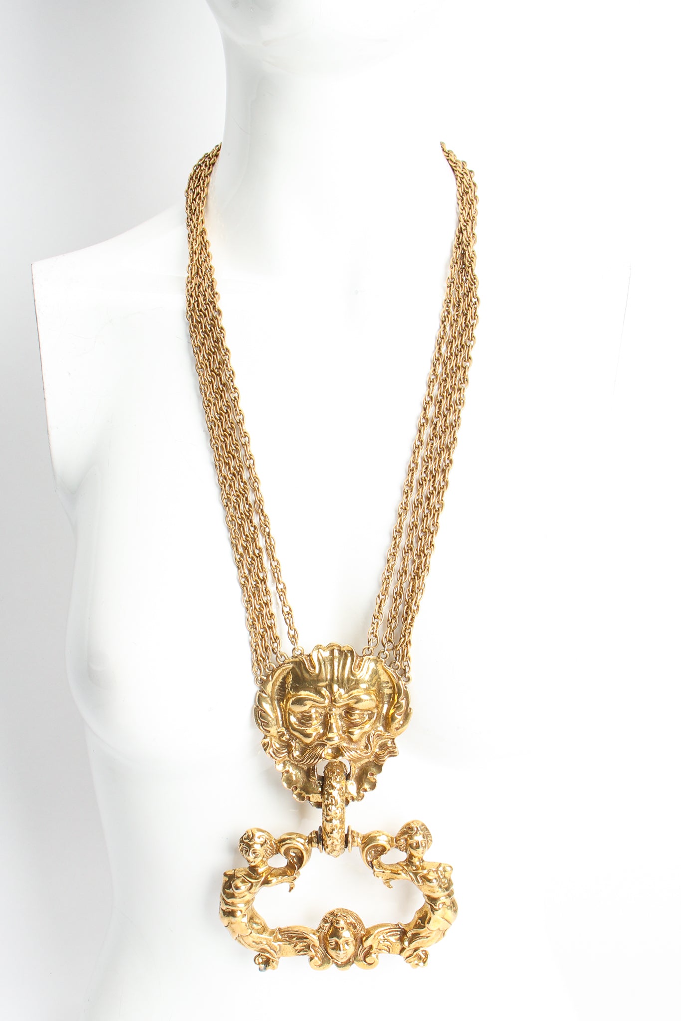 Vintage La Boca de Veritas Brass Door Knocker Pendant on Mannequin at Recess Los Angeles