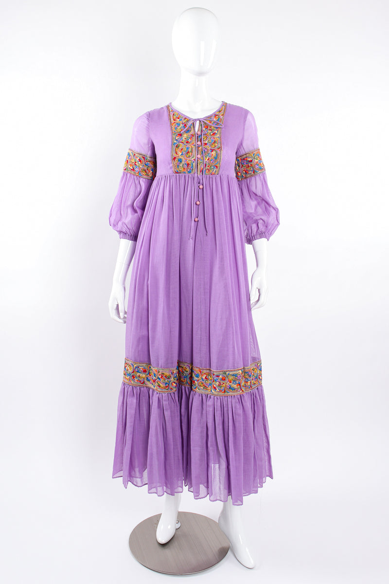 Vintage Beverly Paige Sheer Paisley Embroidered Peasant Dress on Mannequin front at Recess LA