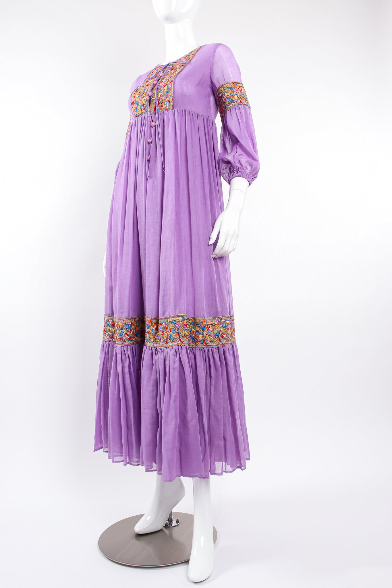 Vintage Beverly Paige Sheer Paisley Embroidered Peasant Dress on Mannequin front angle at Recess LA