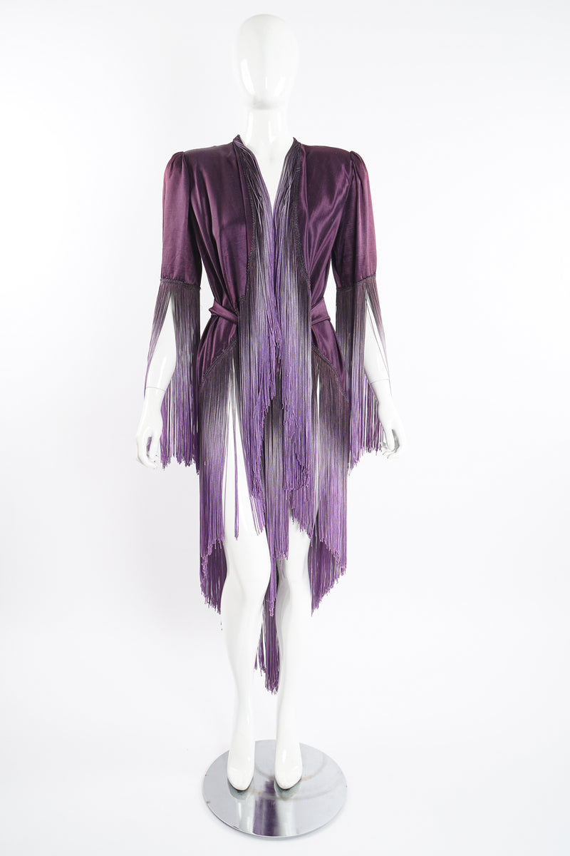 Vintage Ombré Fringe Shawl Jacket on Mannequin front belted at Recess Los Angeles