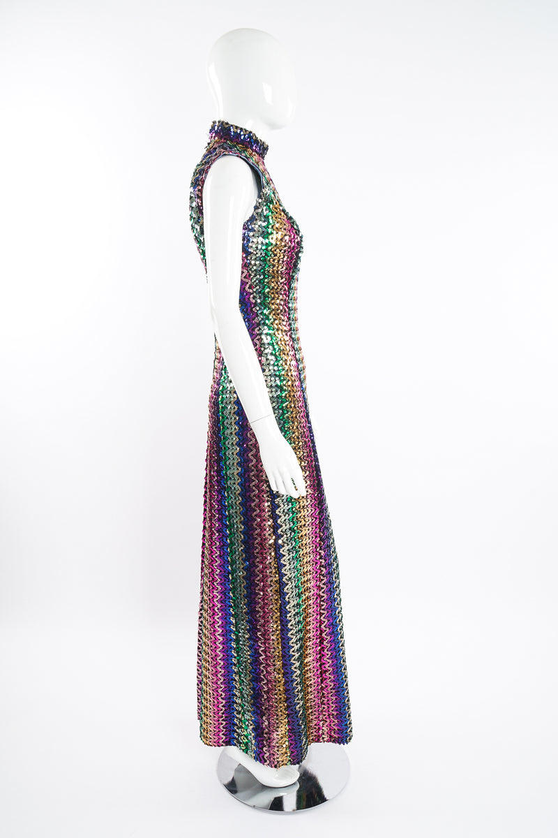 Vintage Rainbow Sequin Sheath Gown on Mannequin side at Recess Los Angeles