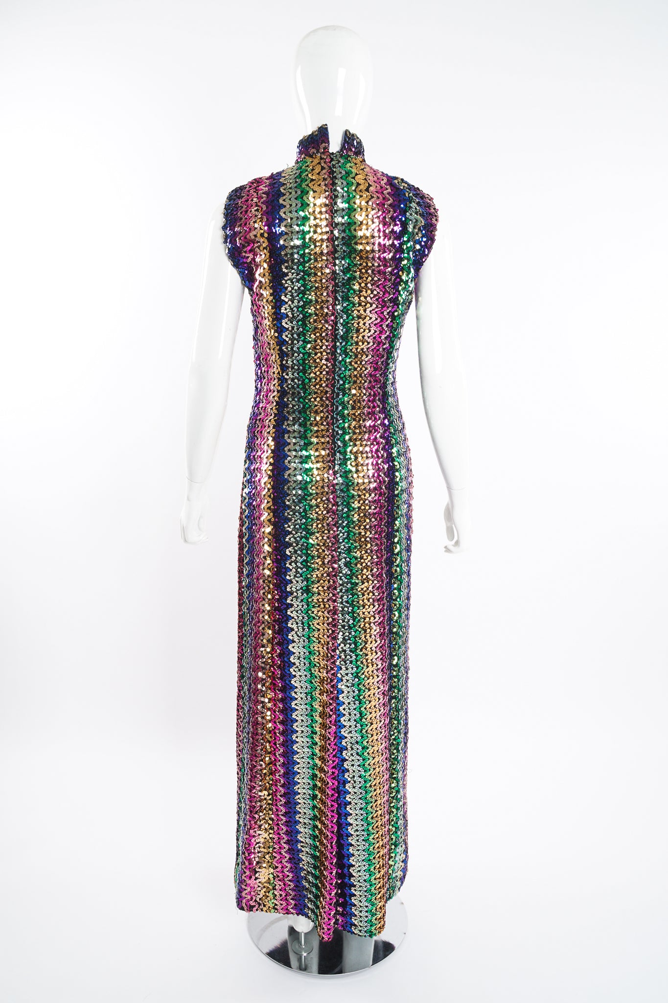 Vintage Rainbow Sequin Sheath Gown on Mannequin back at Recess Los Angeles