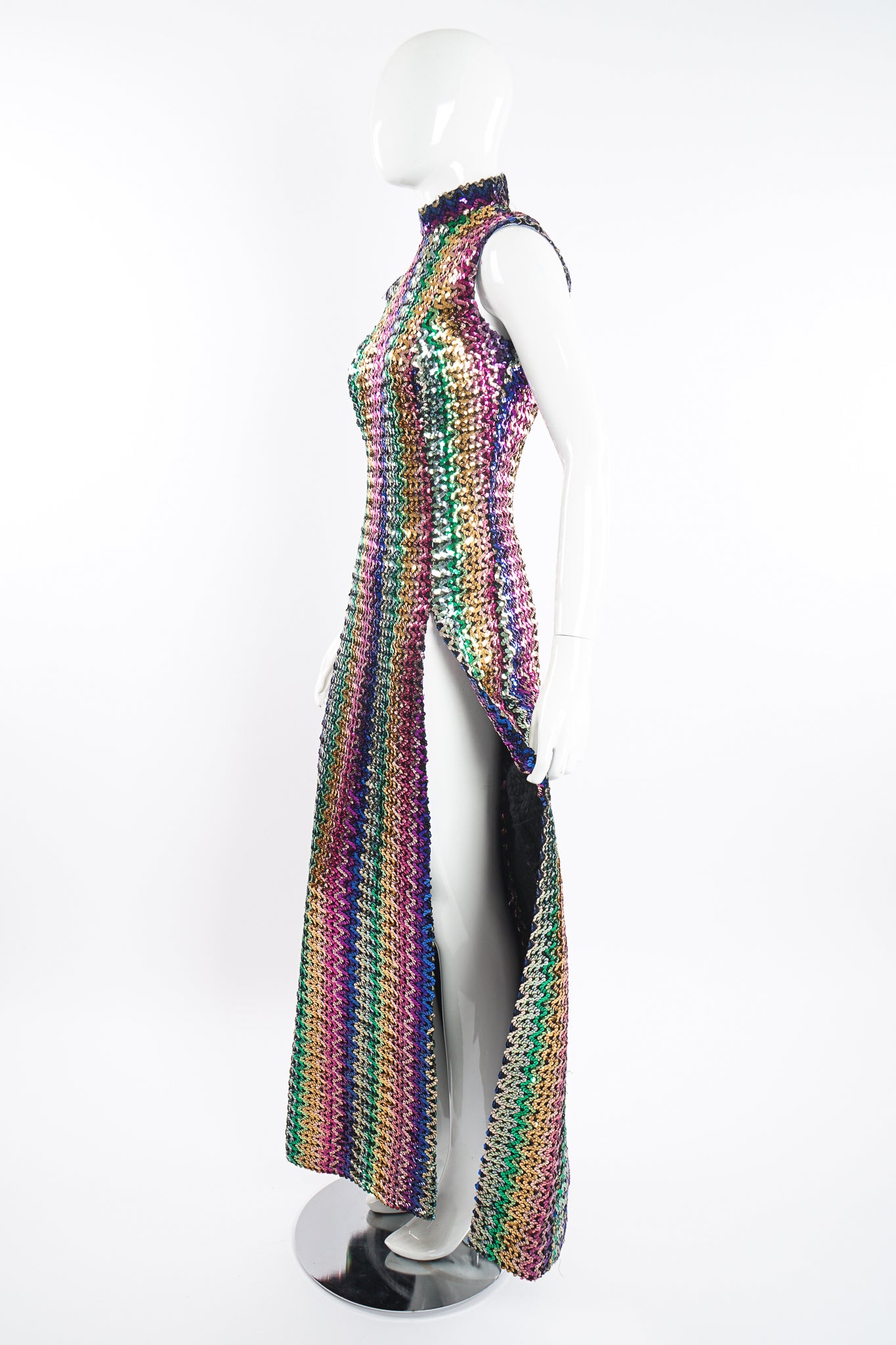 Vintage Rainbow Sequin Sheath Gown on Mannequin side at Recess Los Angeles