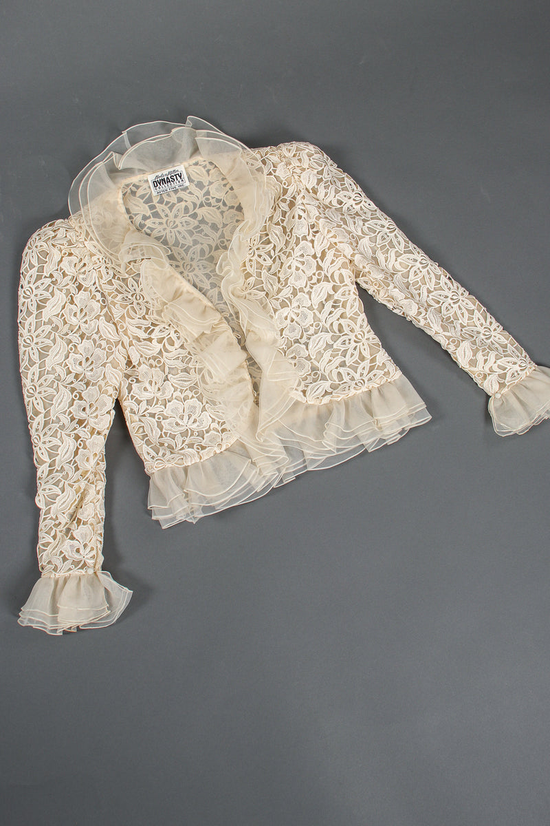 Vintage Nolan Miller Dynasty Lace Ruffle Bridal Wedding Jacket flat at Recess LA