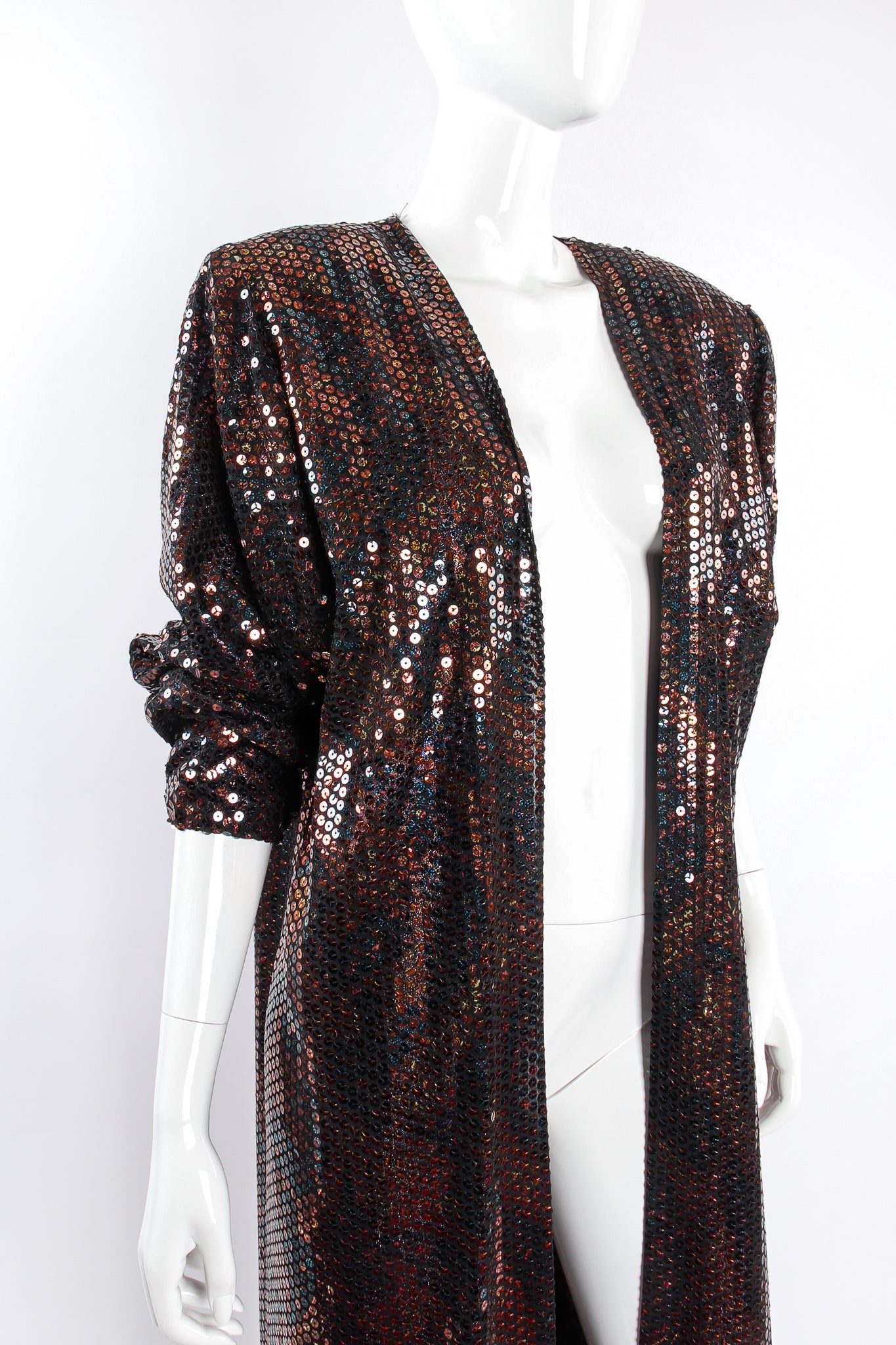 Vintage Nolan Miller Paisley Sequin Duster Coat on mannequin crop at Recess Los Angeles