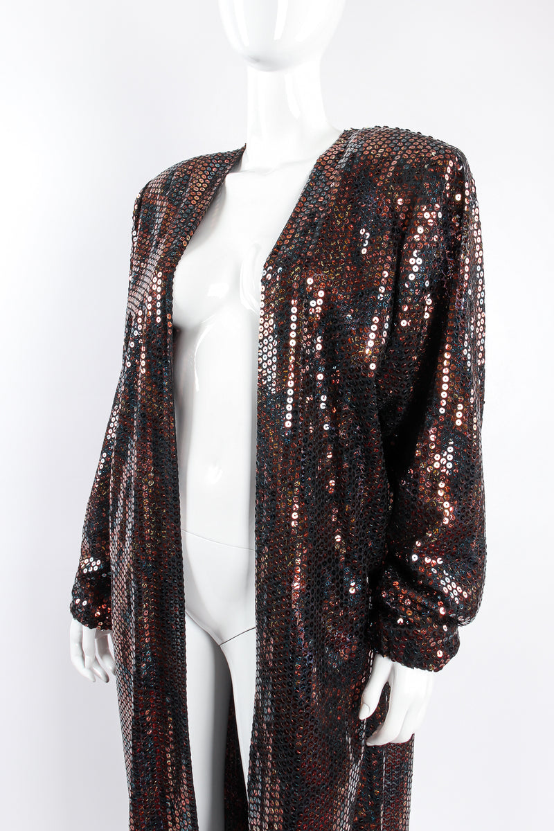 Vintage Nolan Miller Paisley Sequin Duster Coat on mannequin crop at Recess Los Angeles