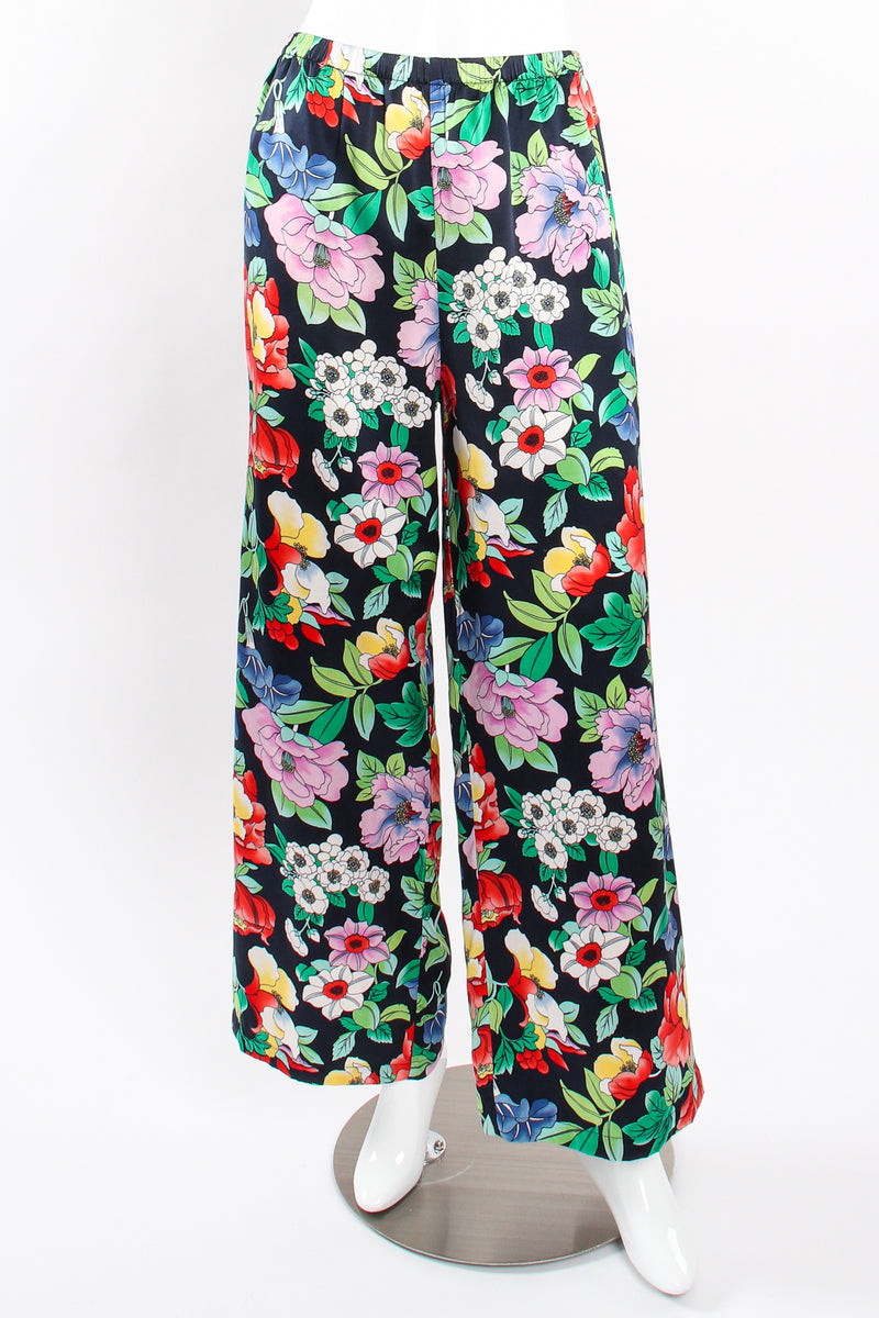 Vintage Nolan Miller Floral Silk Poncho & Pant Lounge Set on Mannequin pant front at Recess LA