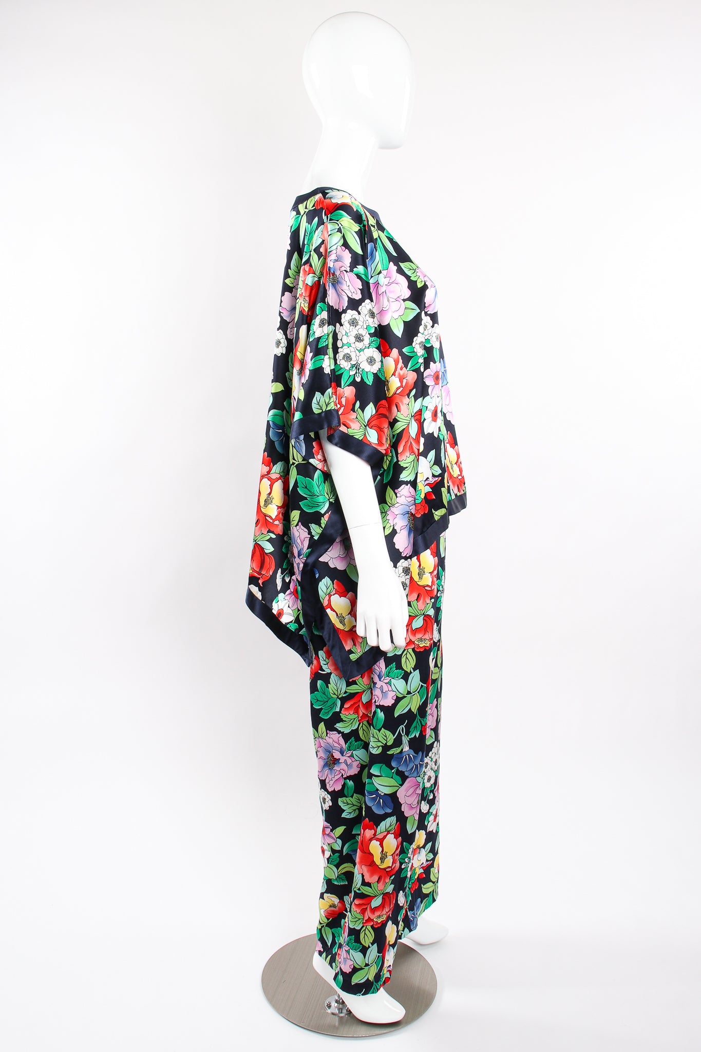 Vintage Nolan Miller Floral Silk Poncho & Pant Lounge Set on Mannequin side at Recess LA