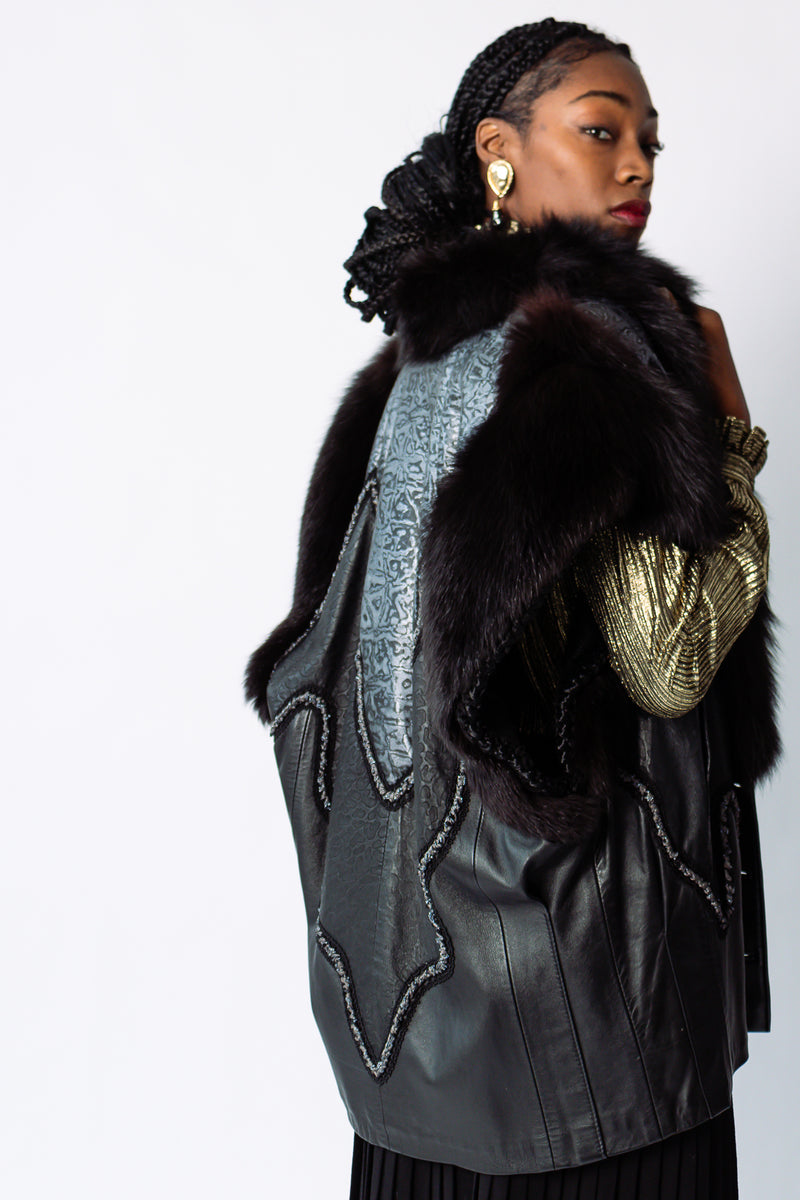 girl in Vintage Adolfo Gold Blouse & Norma Canada Leather & Fur Vest at Recess Los Angeles