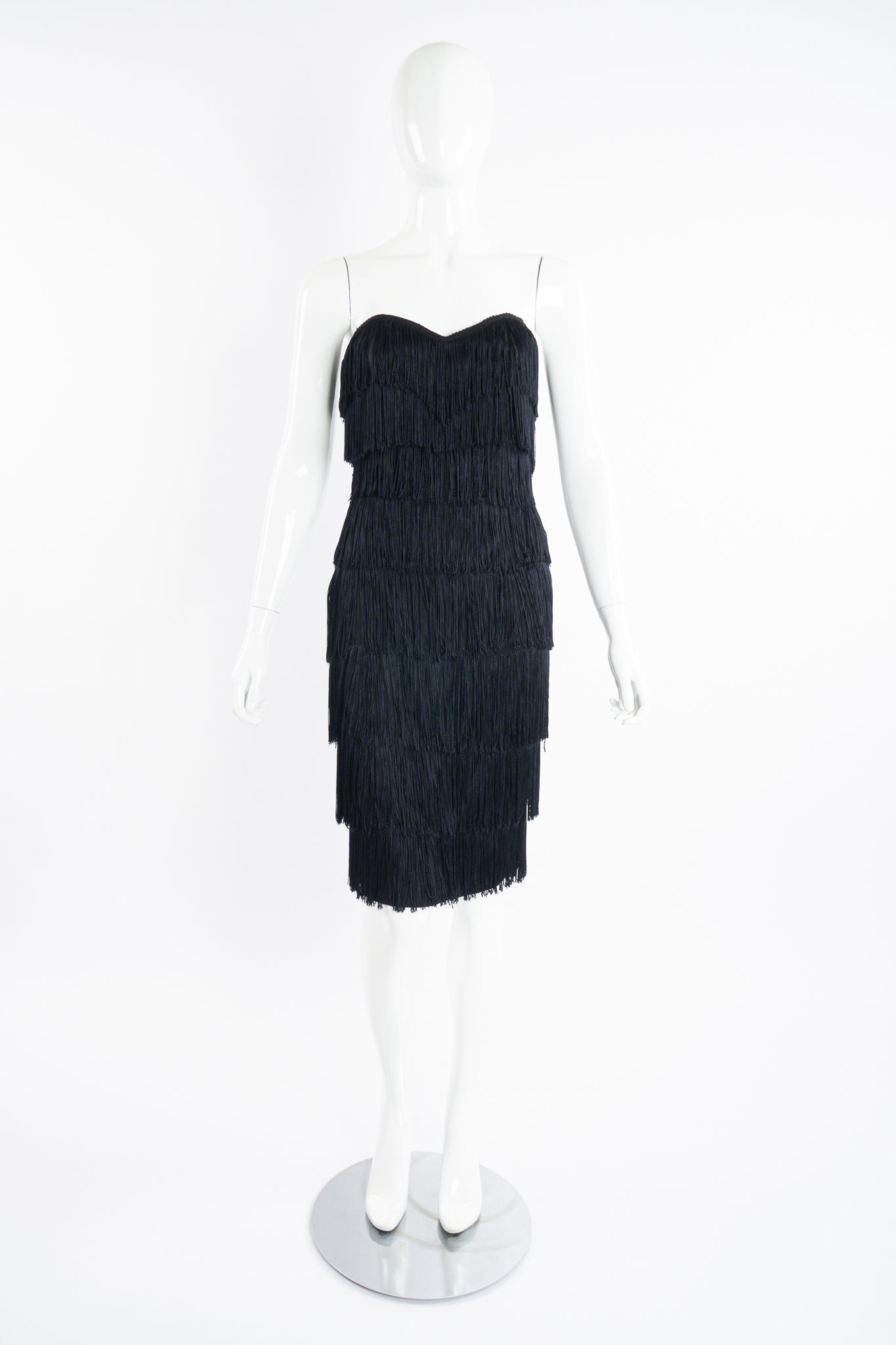 Vintage Norma Kamali Strapless Fringe Shimmy Sheath on Mannequin front at Recess Los Angeles