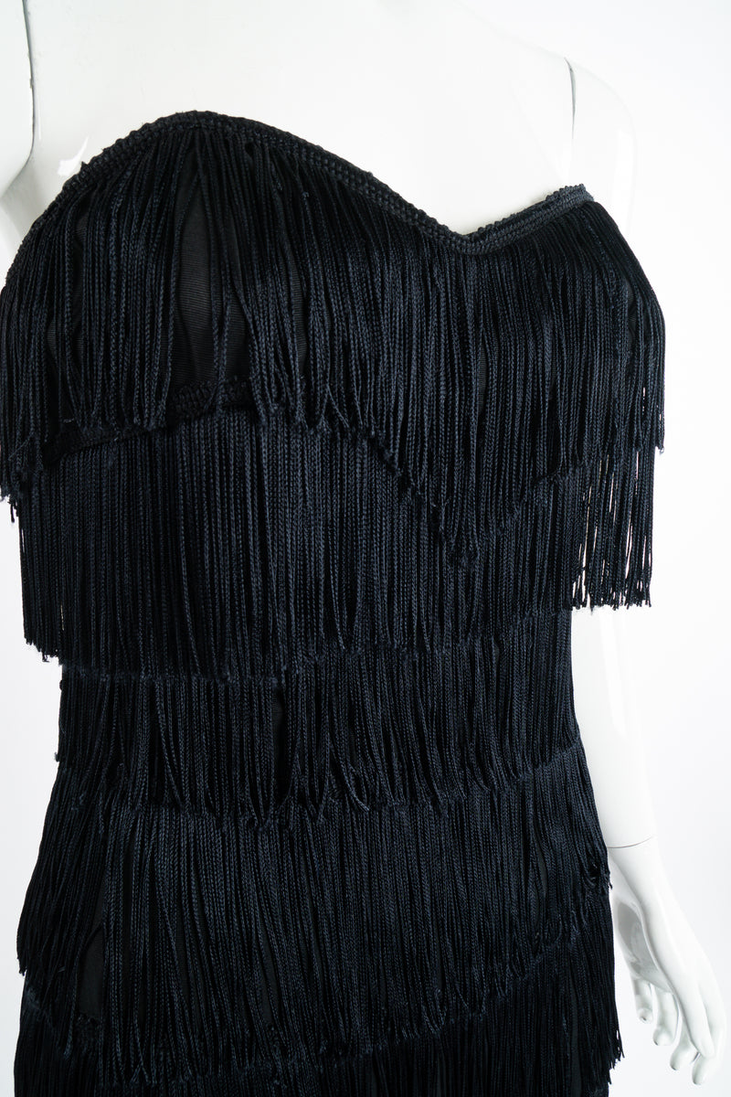 Vintage Norma Kamali Strapless Fringe Shimmy Sheath on Mannequin bust at Recess Los Angeles