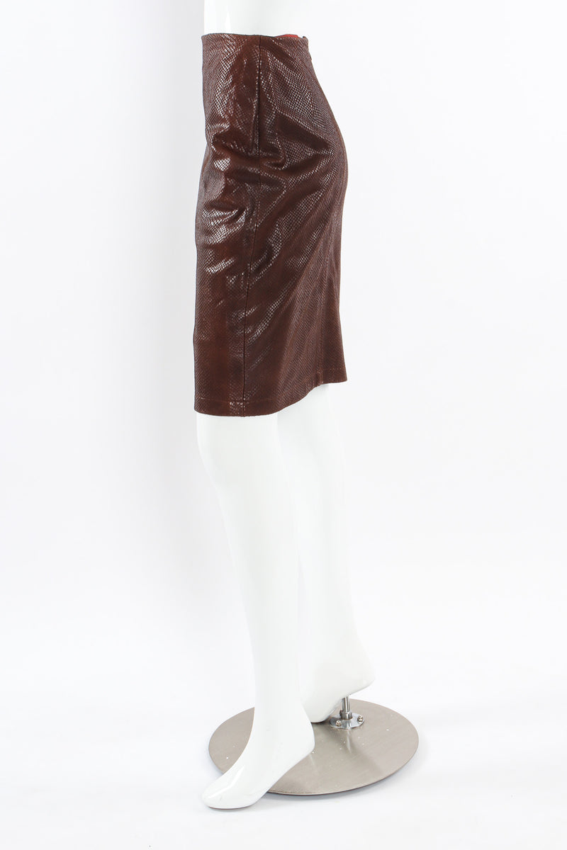 Vintage Omo Norma Kamali Snake Embossed Leather Skirt mannequin side @ Recess LA