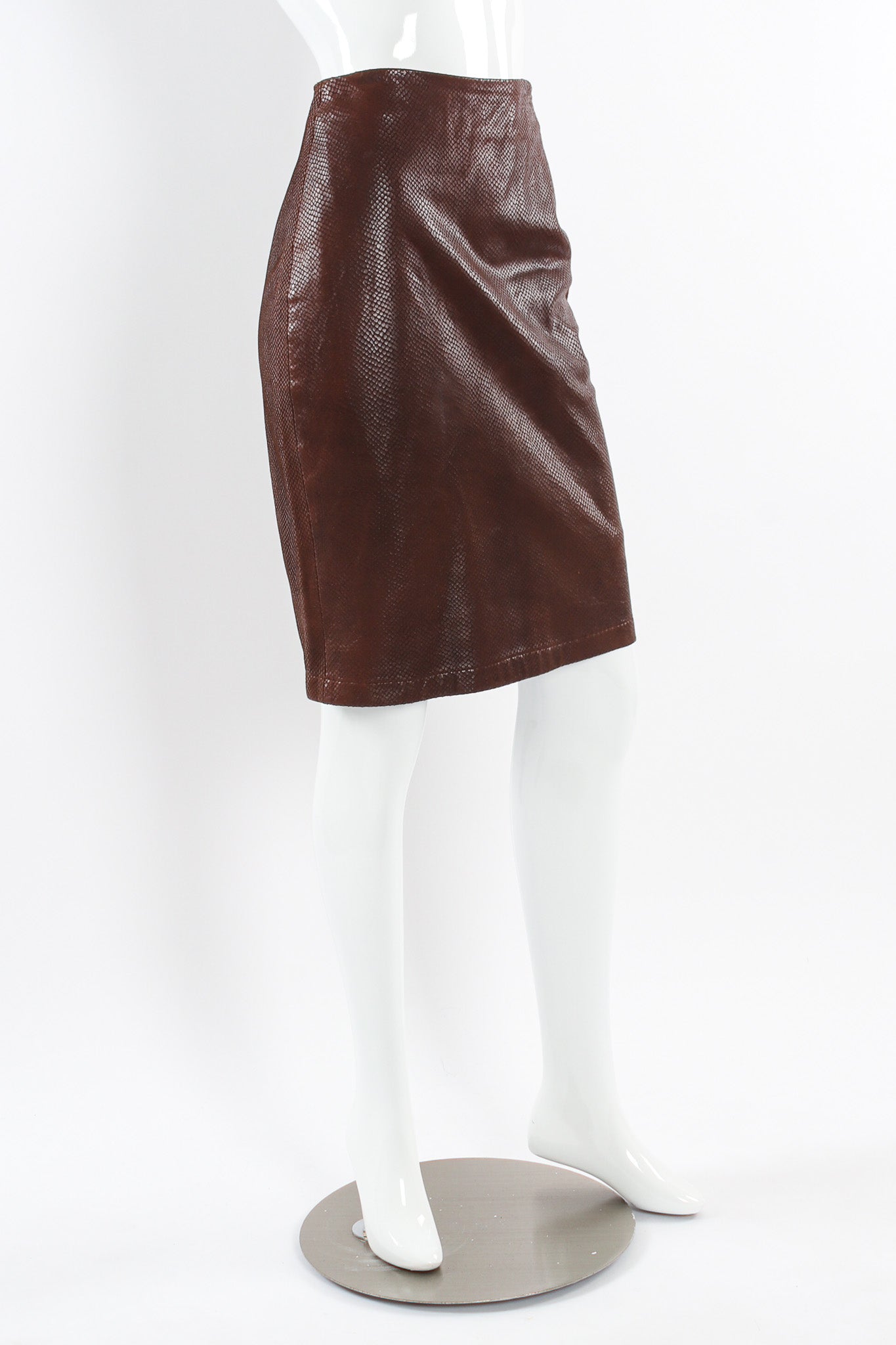 Vintage Omo Norma Kamali Snake Embossed Leather Skirt mannequin side @ Recess LA