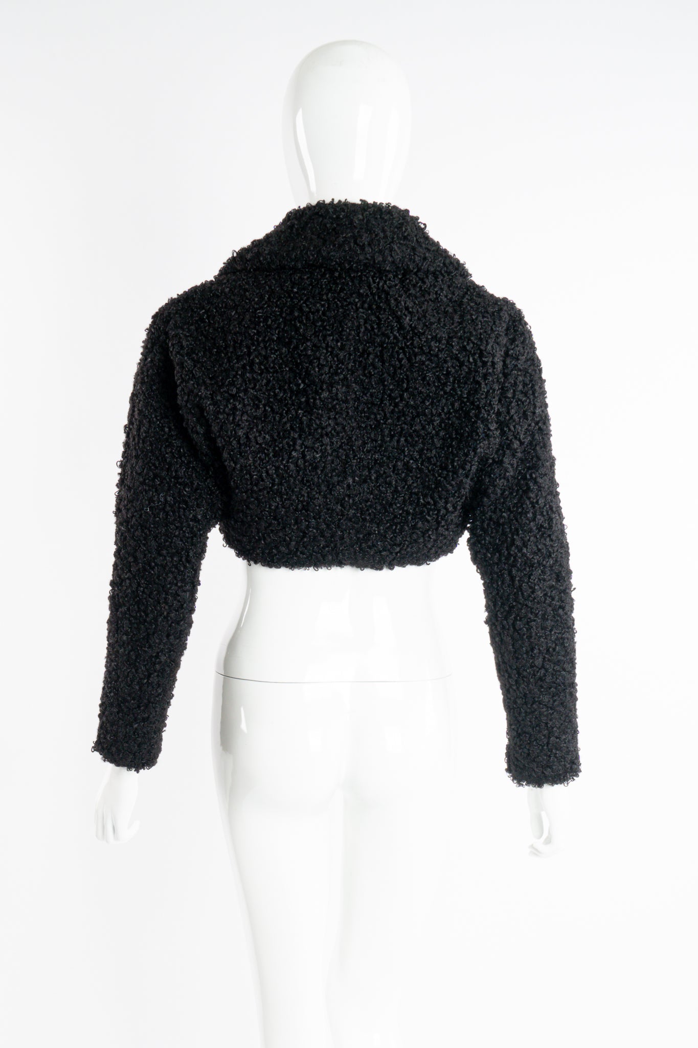 Vintage Norma Kamali Curly Faux Fur Bolero Jacket on Mannequin back at Recess Los Angeles