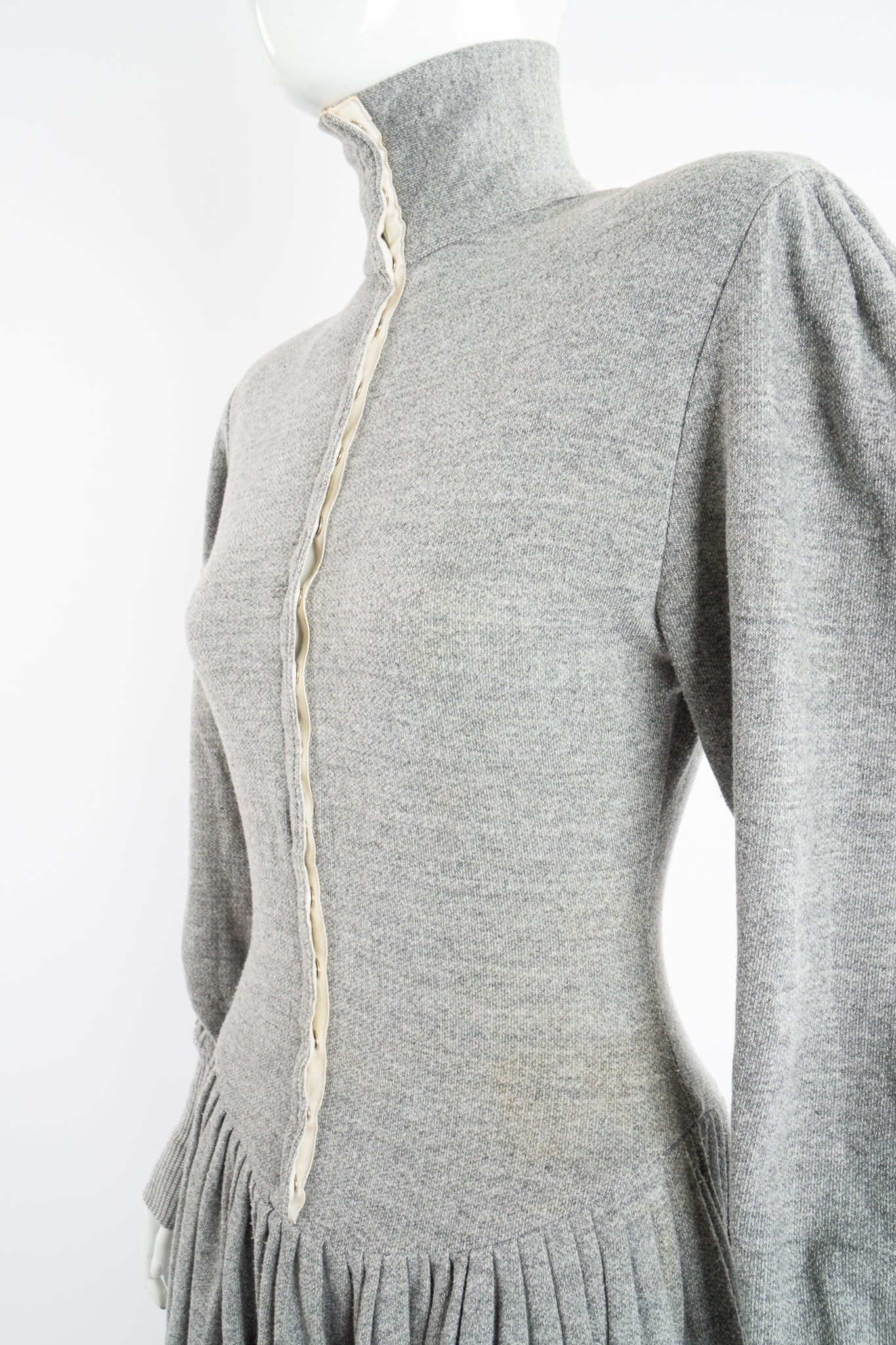 Vintage Norma Kamali Iconic Fleece Sweatshirt Dress on Mannequin neckline at Recess Los Angeles