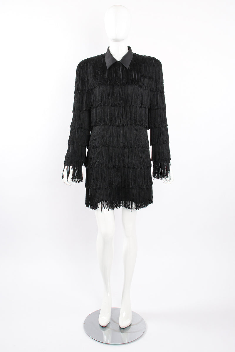 Vintage OMO Norma Kamali Fringed Shirt Dress Jacket on Mannequin front at Recess Los Angeles