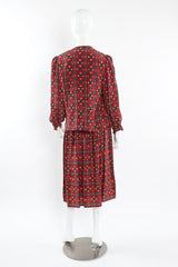 Vintage Oscar de la Renta Geo Tribal Silk Top & Skirt Set mannequin back no belt @ Recess LA